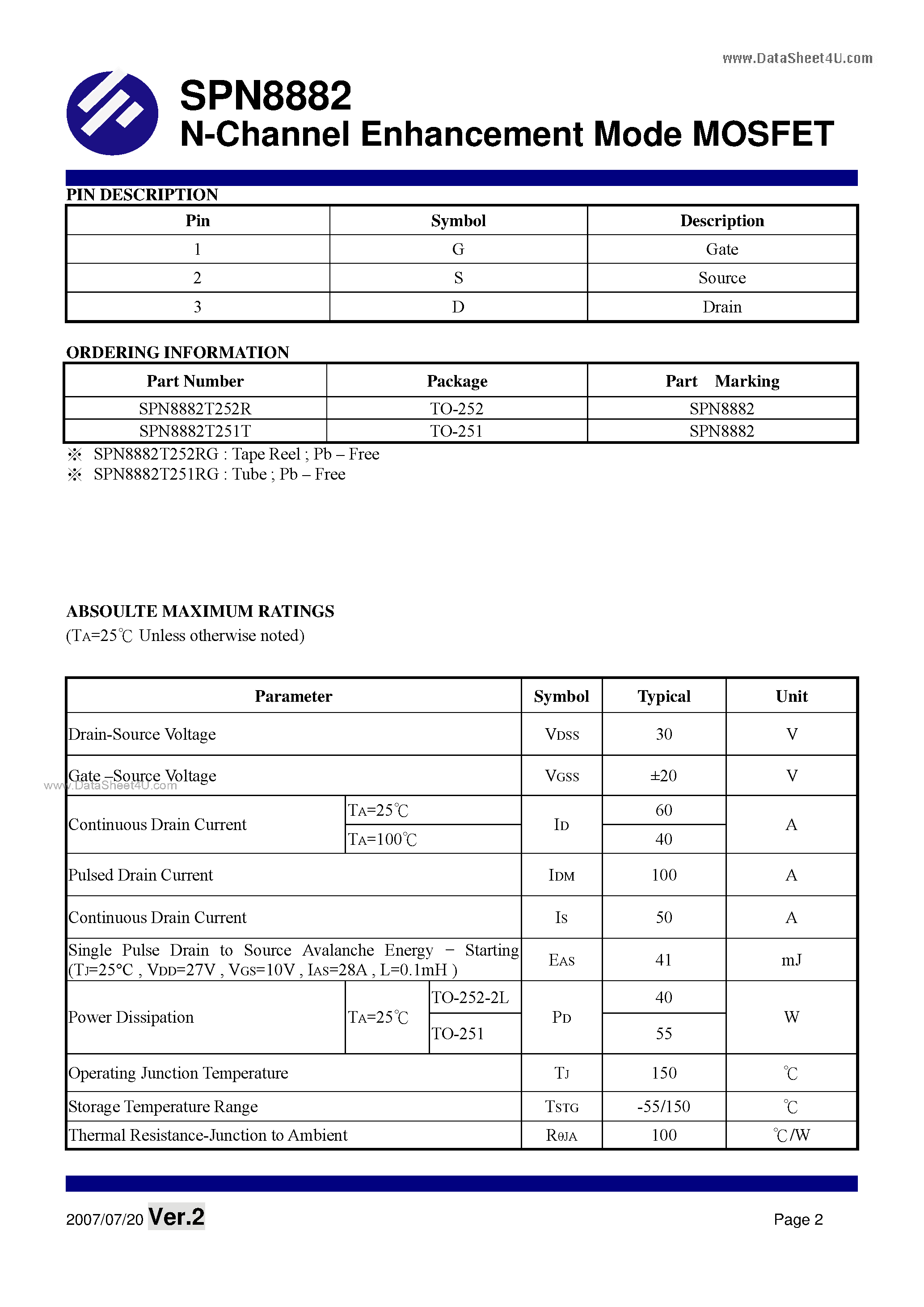 Datasheet SPN8882 - N-Channel Enhancement Mode MOSFET page 2