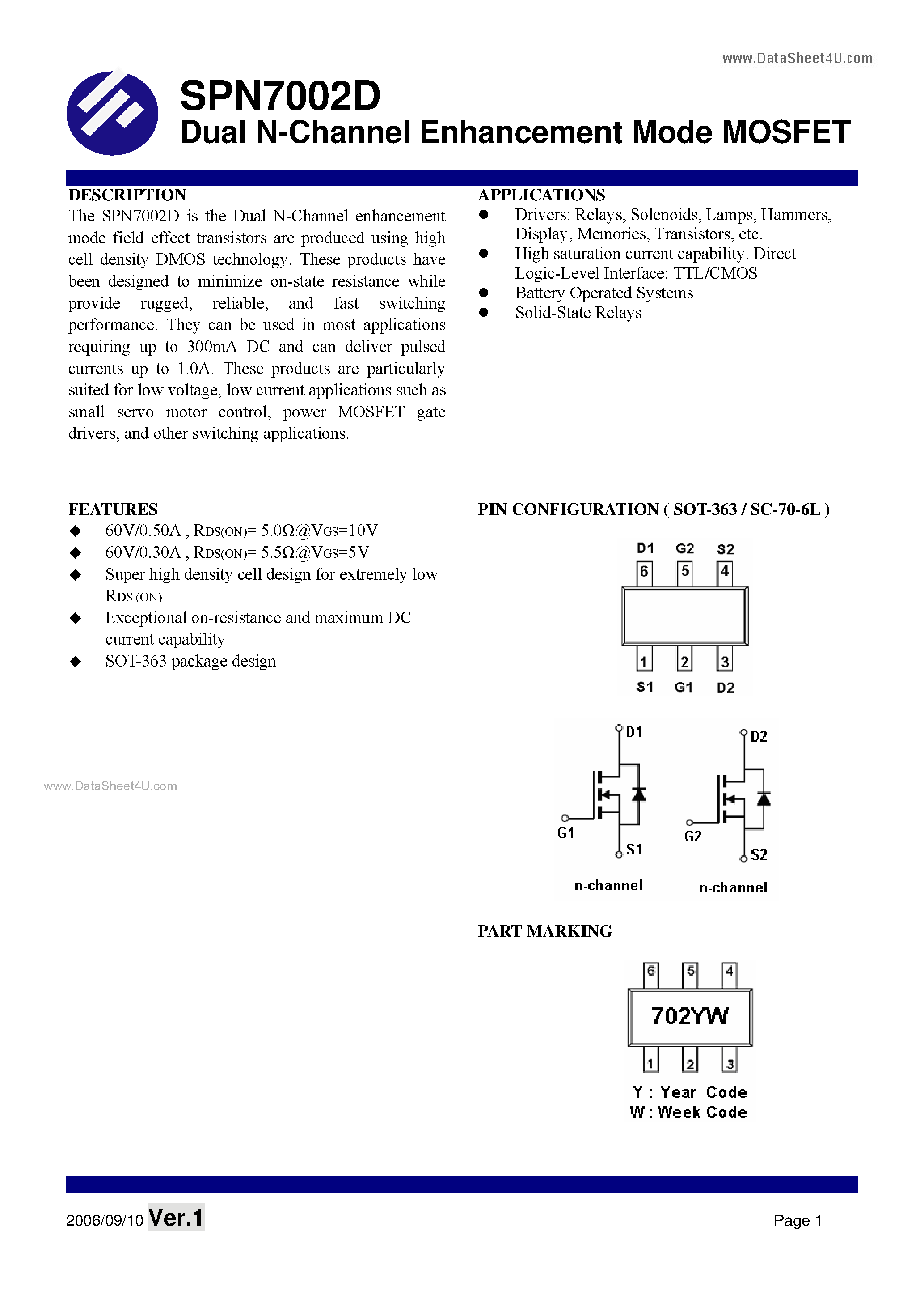 Datasheet SPN7002D - Dual N-Channel Enhancement Mode MOSFET page 1
