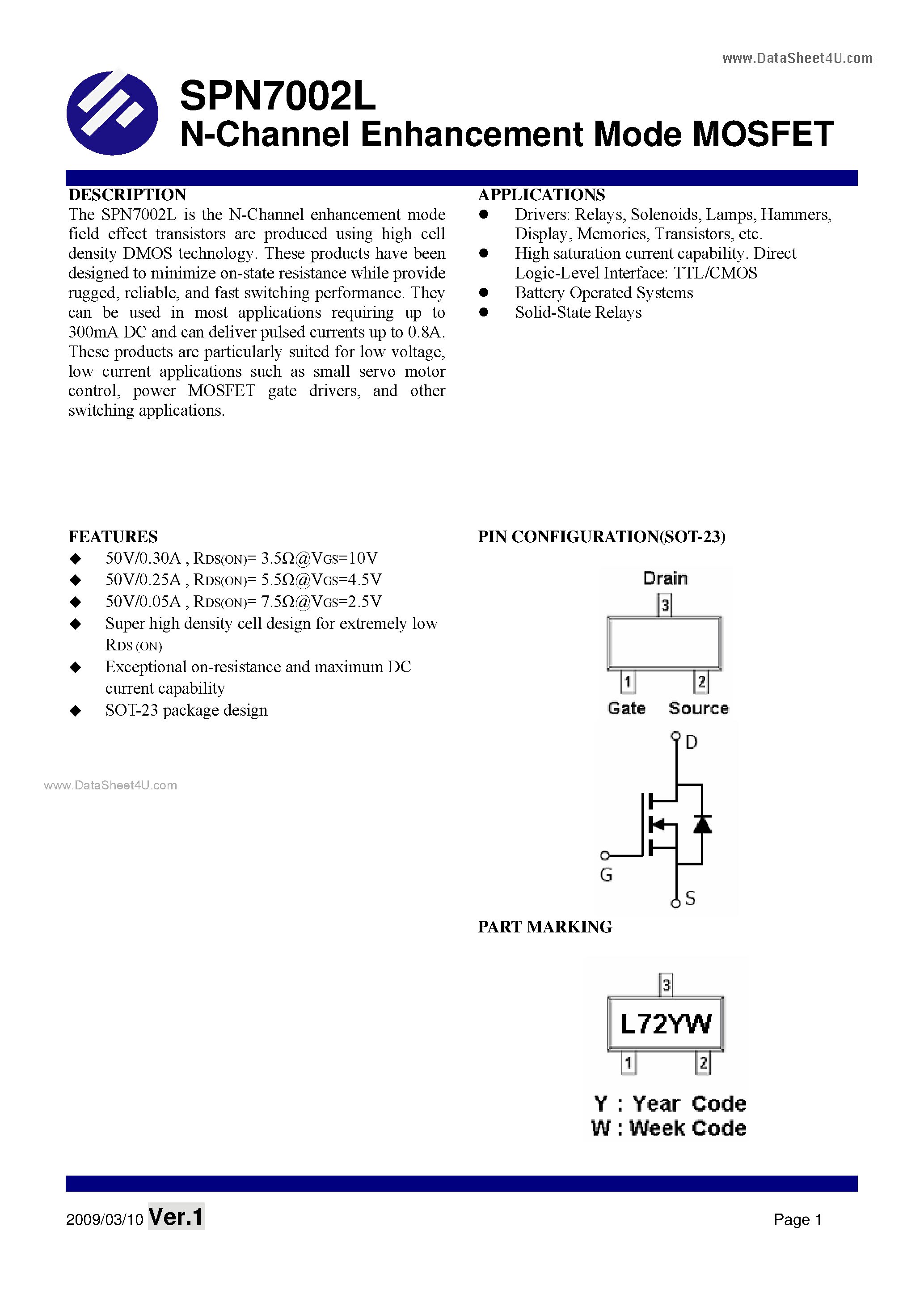 Datasheet SPN7002L - N-Channel Enhancement Mode MOSFET page 1