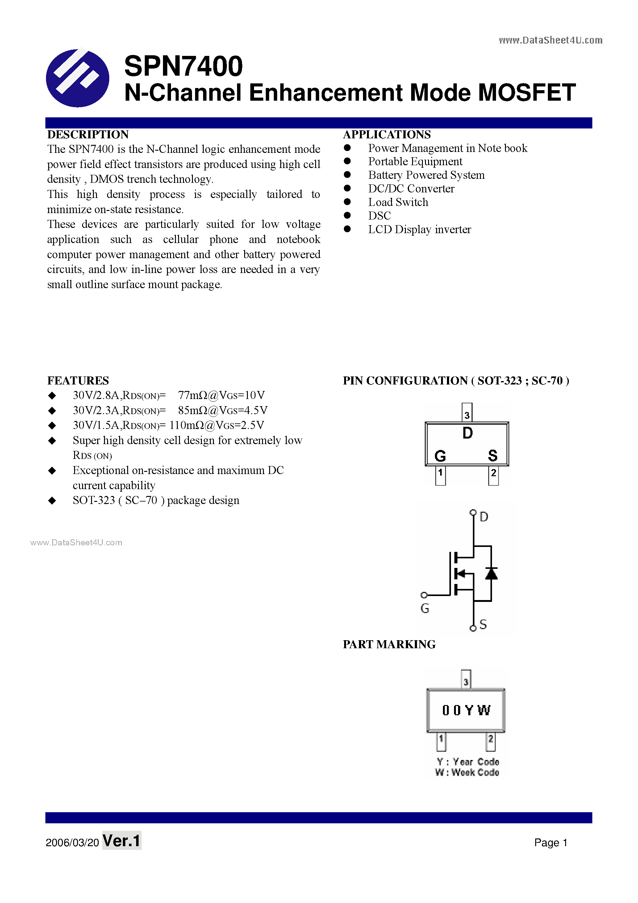 Datasheet SPN7400 - N-Channel Enhancement Mode MOSFET page 1