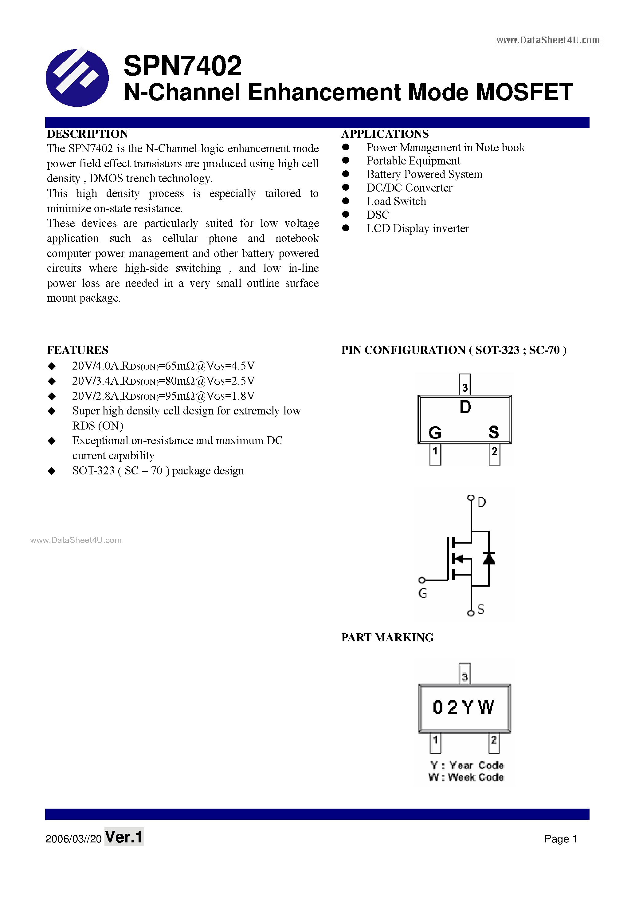 Datasheet SPN7402 - N-Channel Enhancement Mode MOSFET page 1