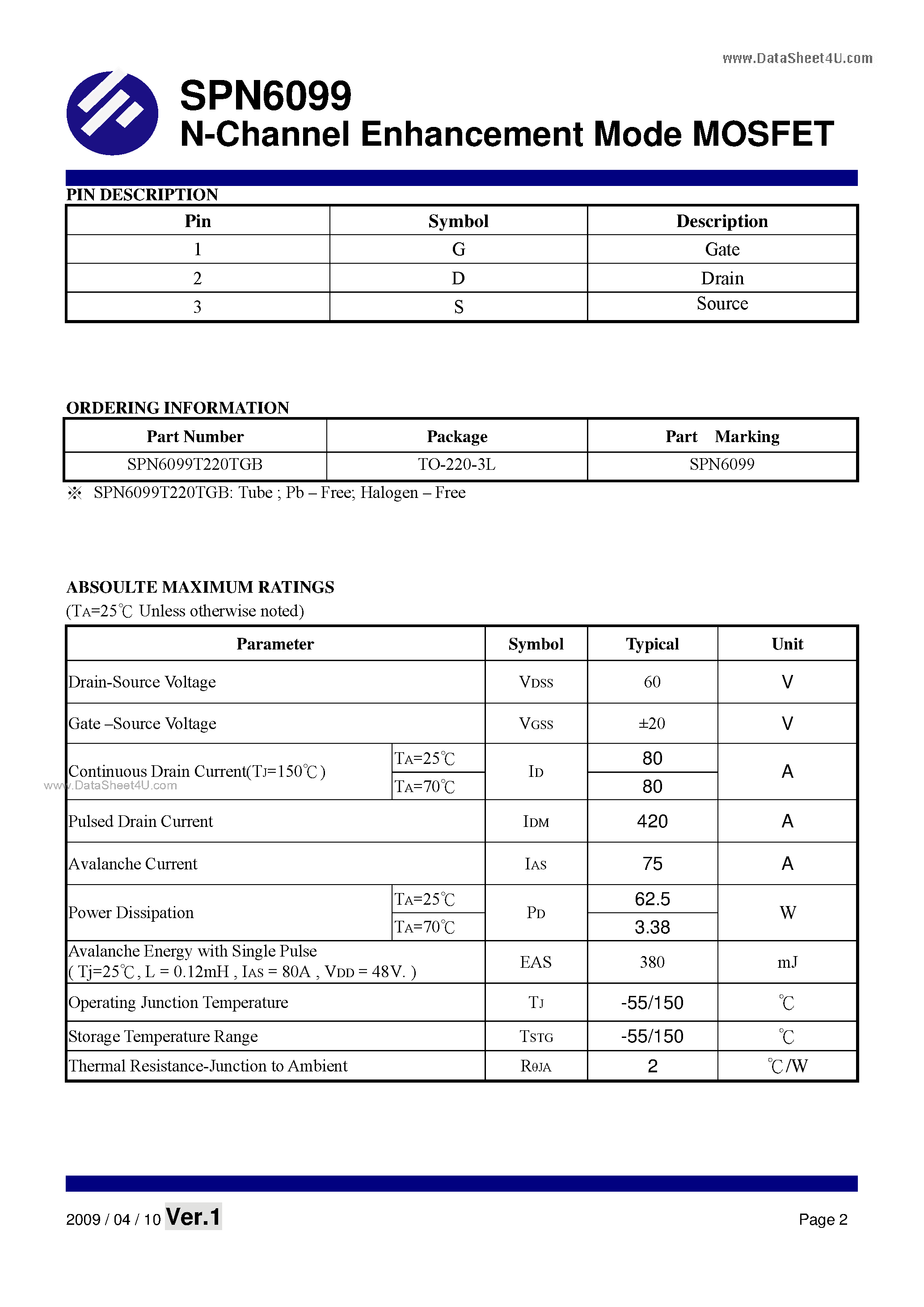 Datasheet SPN6099 - N-Channel Enhancement Mode MOSFET page 2
