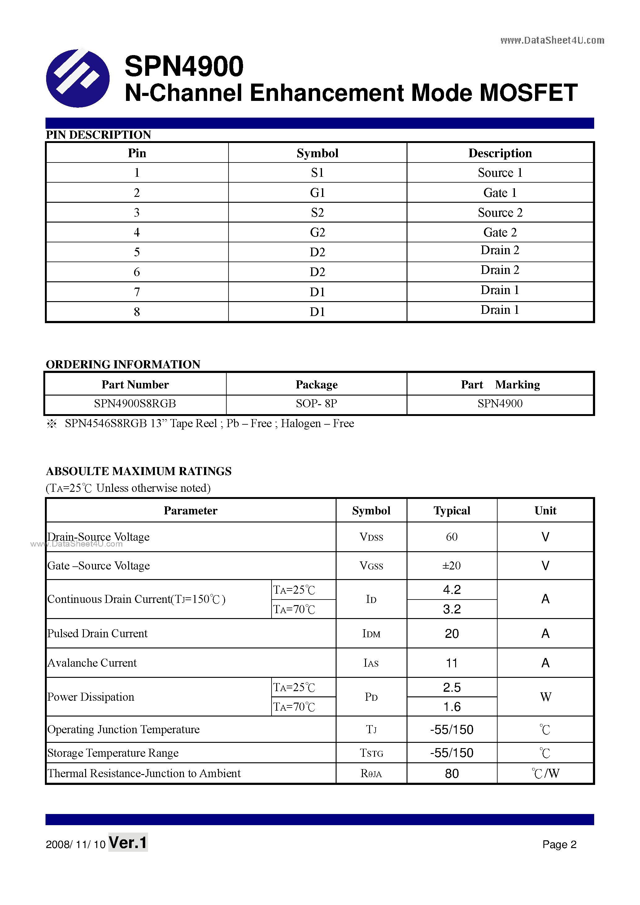 Datasheet SPN4900 - N-Channel Enhancement Mode MOSFET page 2