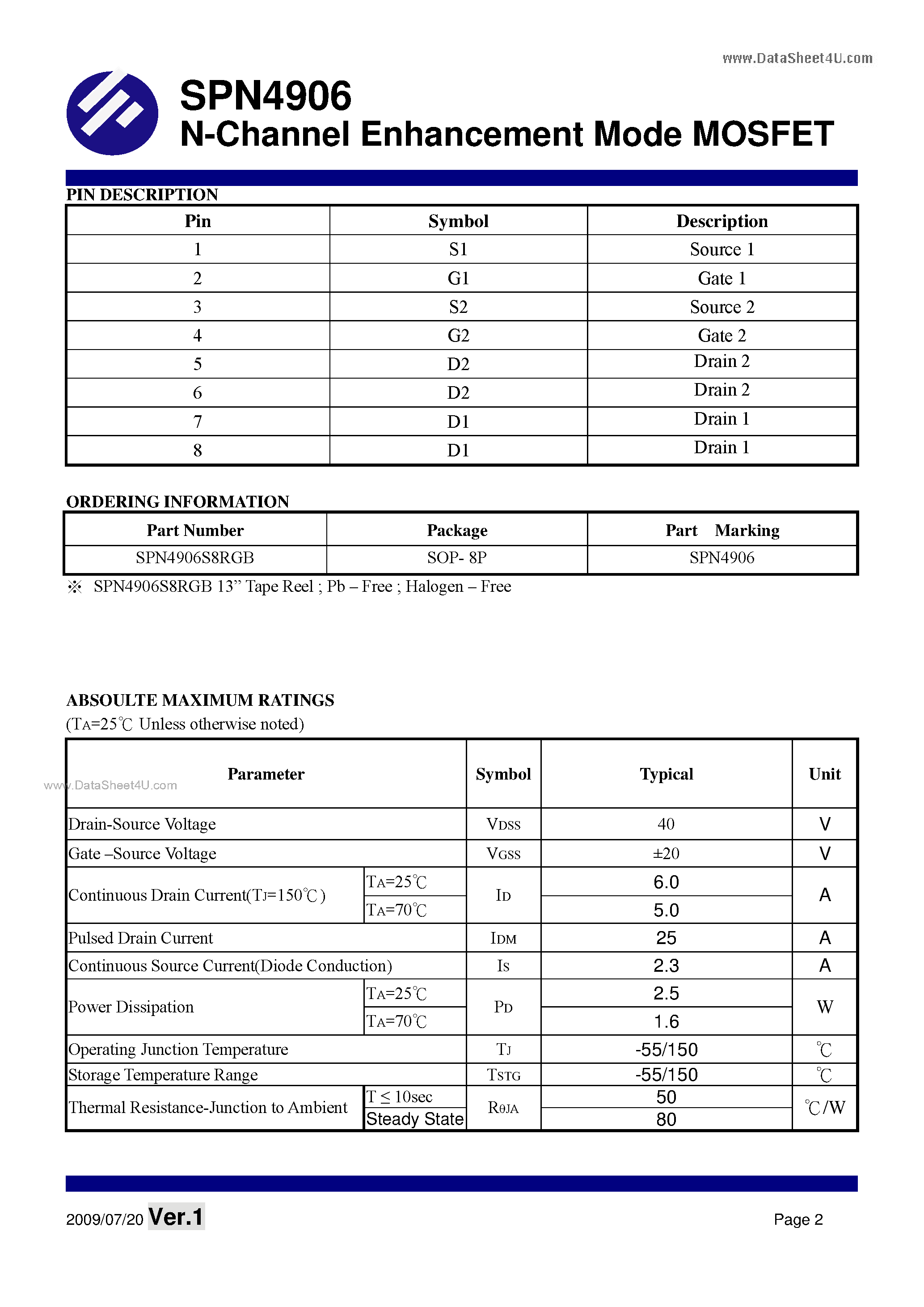 Datasheet SPN4906 - N-Channel Enhancement Mode MOSFET page 2