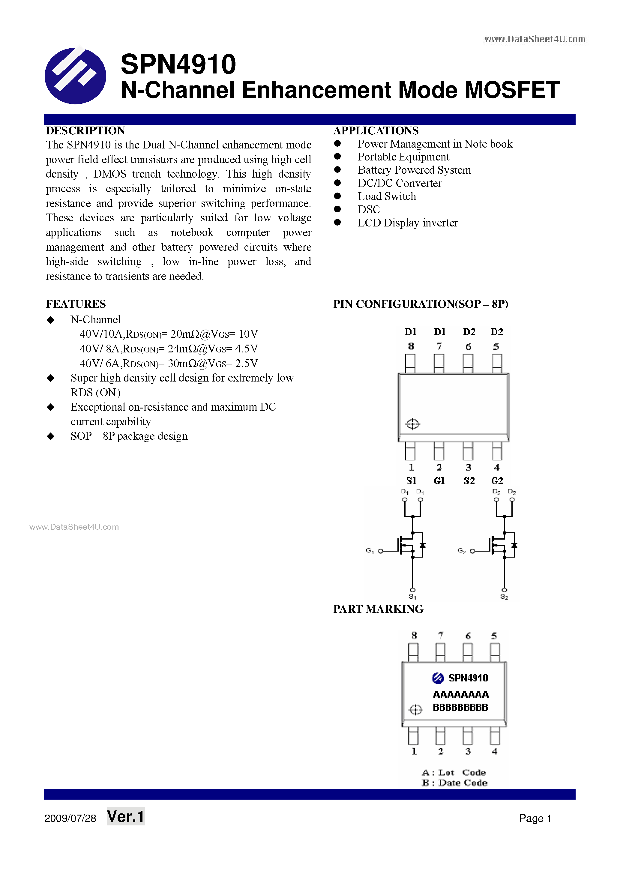 Datasheet SPN4910 - N-Channel Enhancement Mode MOSFET page 1