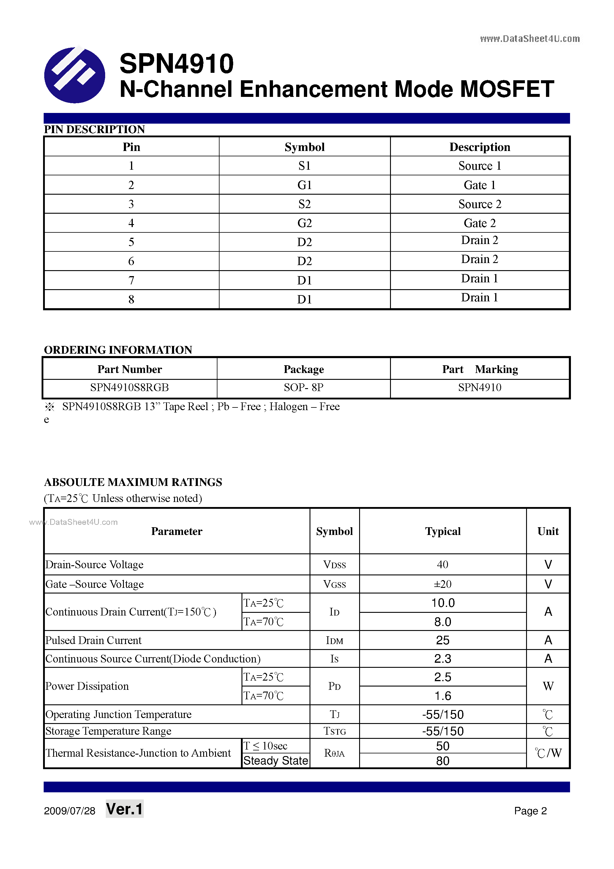 Datasheet SPN4910 - N-Channel Enhancement Mode MOSFET page 2