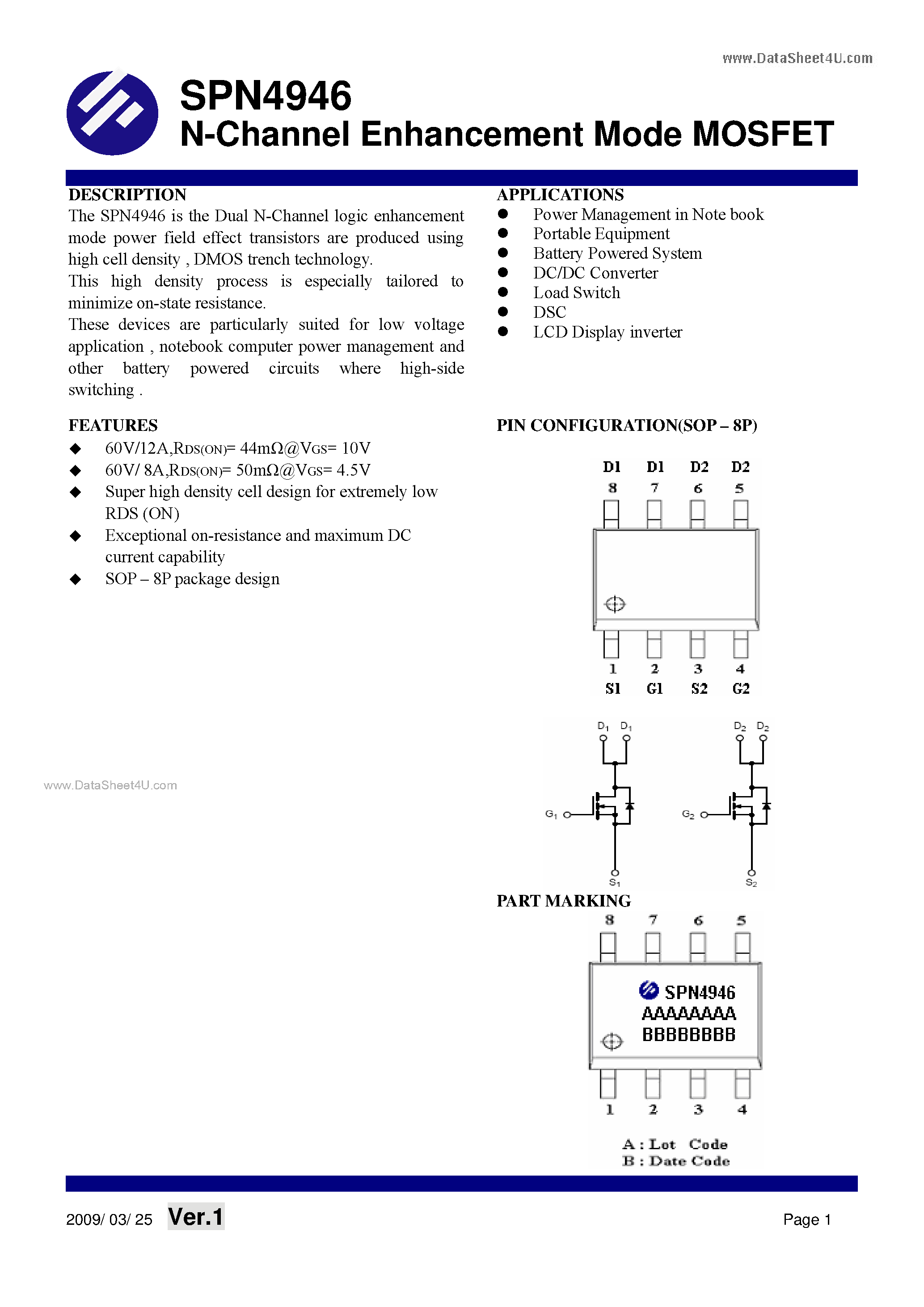 Datasheet SPN4946 - N-Channel Enhancement Mode MOSFET page 1