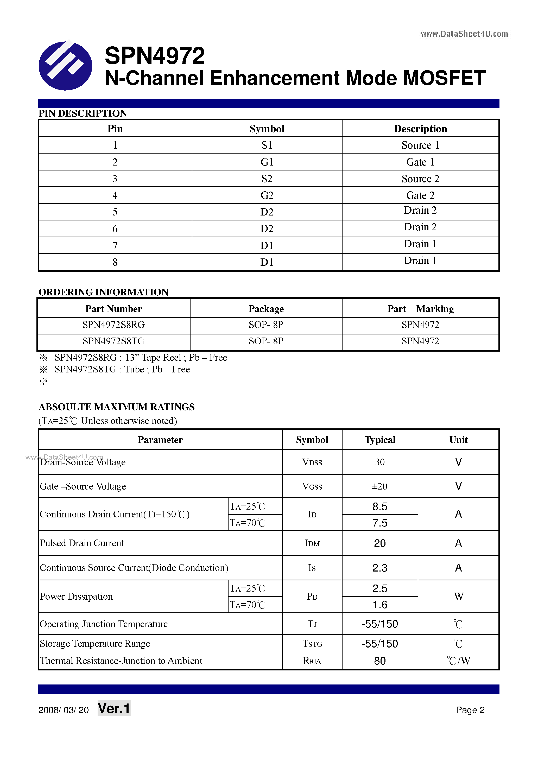 Datasheet SPN4972 - N-Channel Enhancement Mode MOSFET page 2