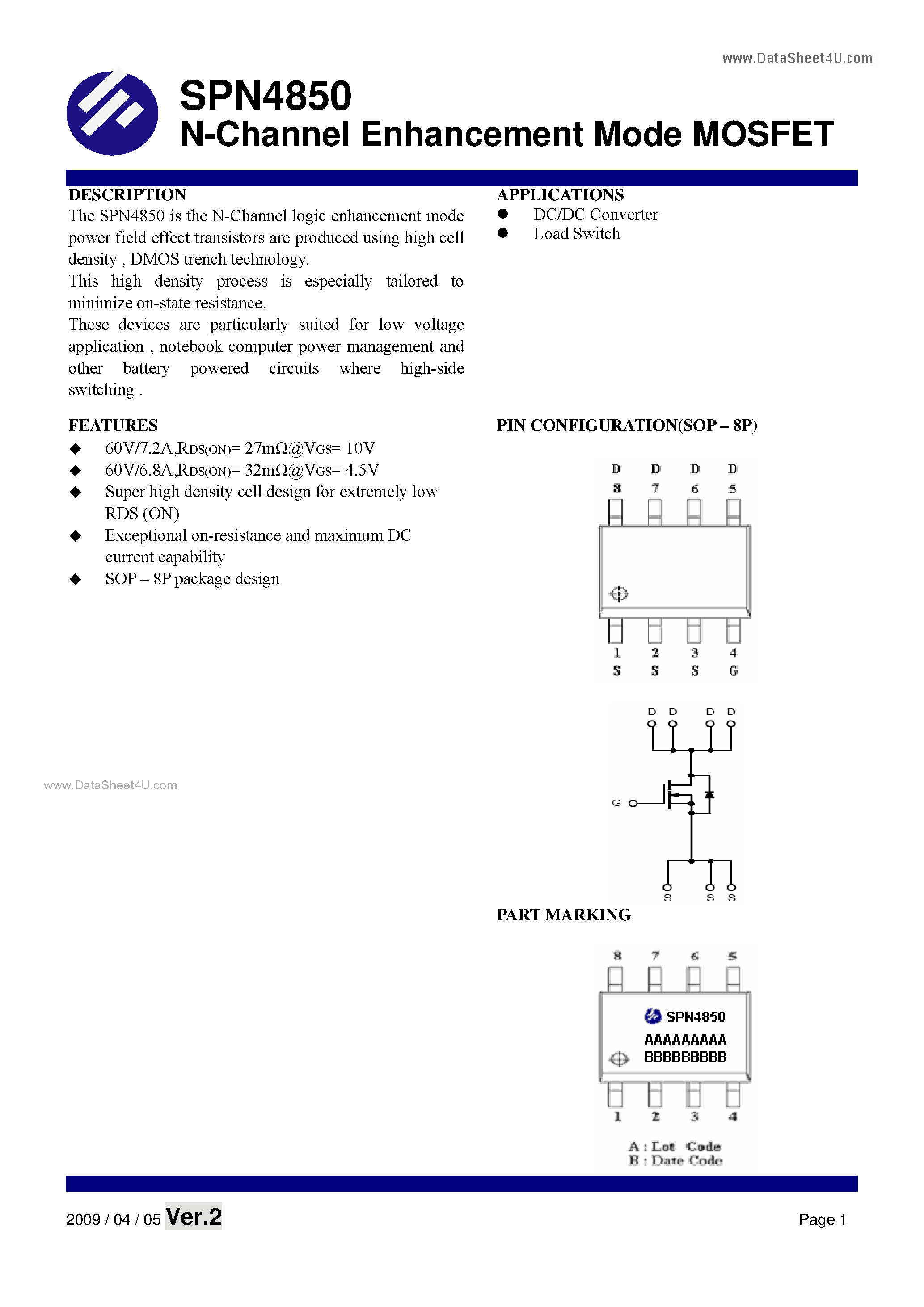 Datasheet SPN4850 - N-Channel Enhancement Mode MOSFET page 1