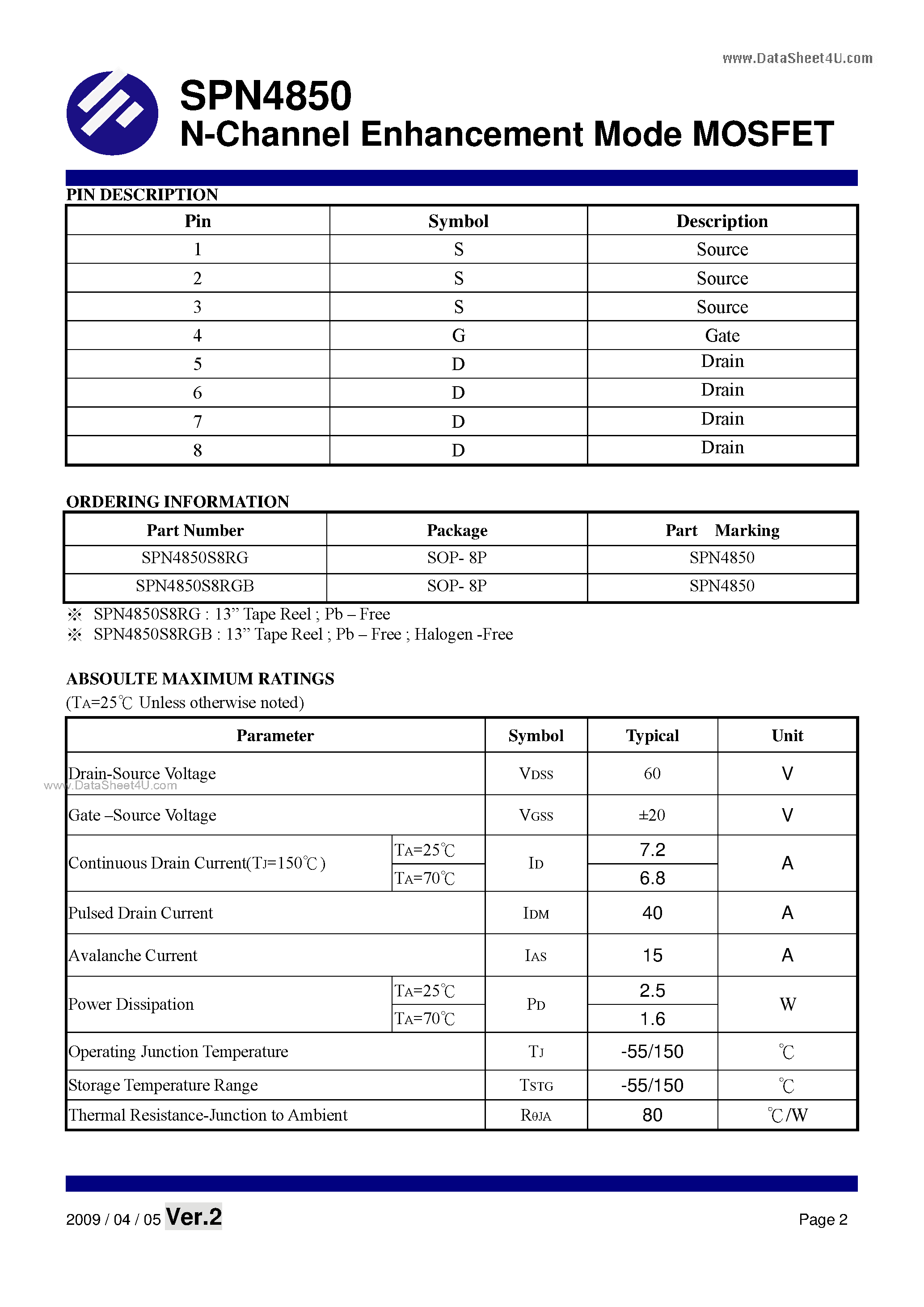Datasheet SPN4850 - N-Channel Enhancement Mode MOSFET page 2