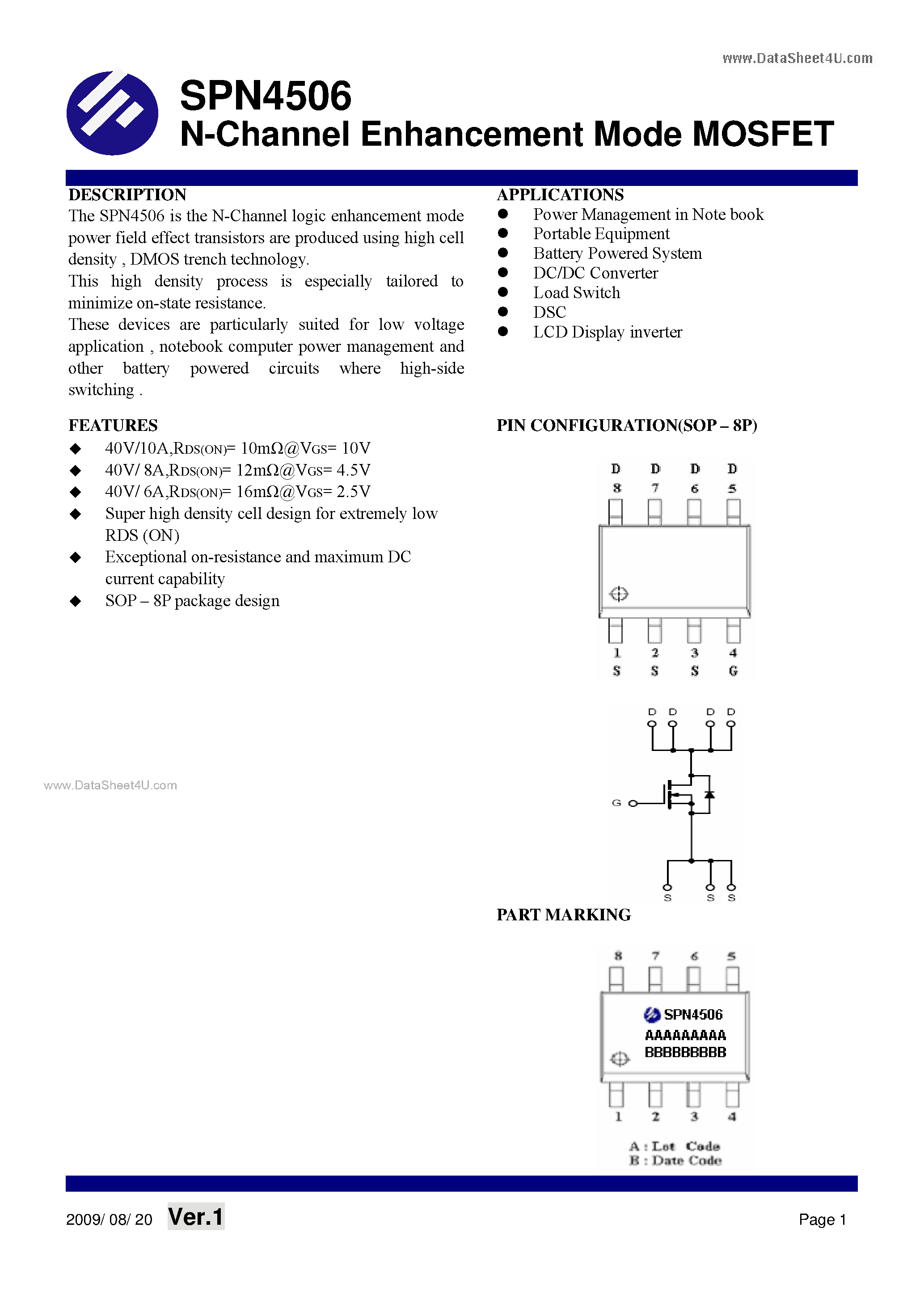 Datasheet SPN4506 - N-Channel Enhancement Mode MOSFET page 1