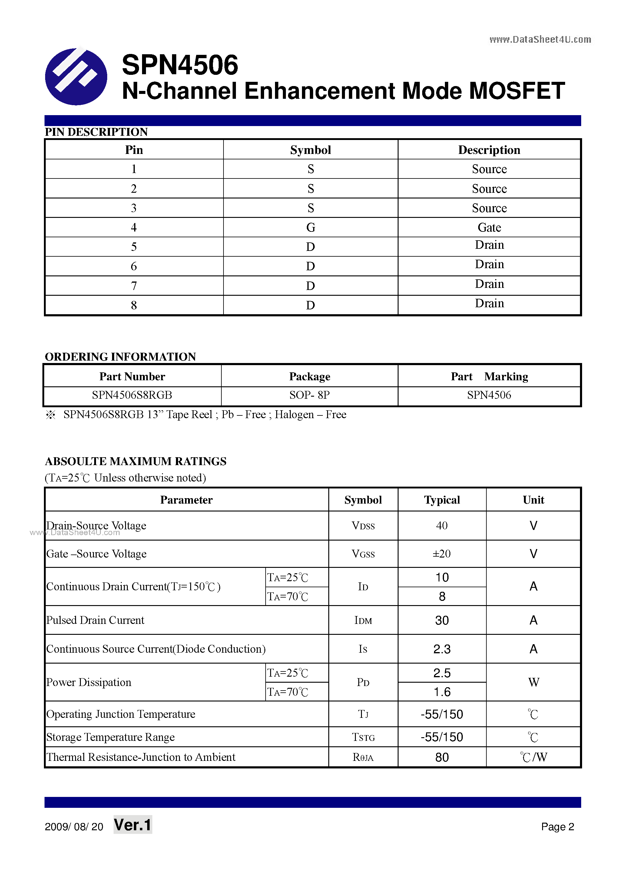 Datasheet SPN4506 - N-Channel Enhancement Mode MOSFET page 2