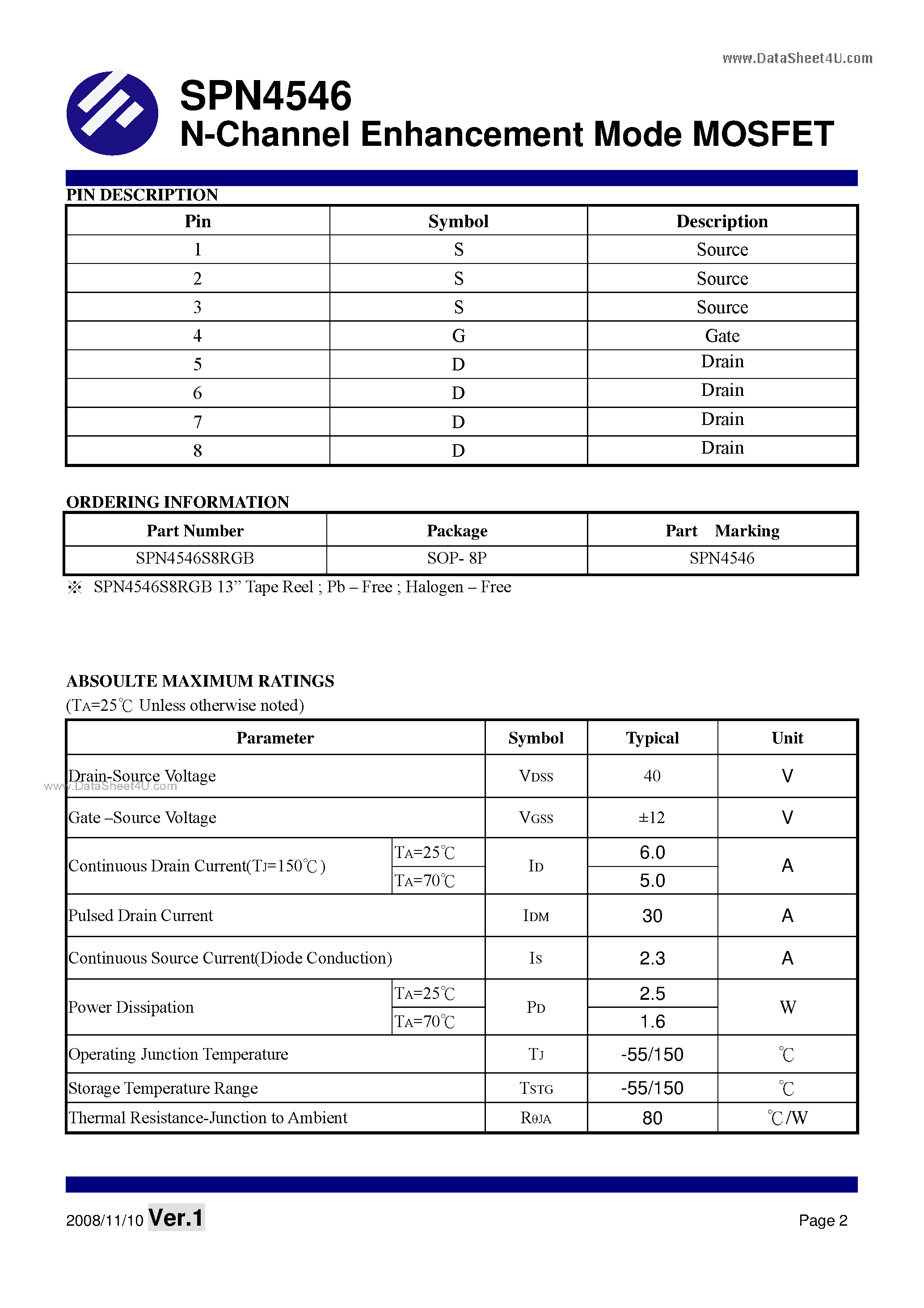 Datasheet SPN4546 - N-Channel Enhancement Mode MOSFET page 2