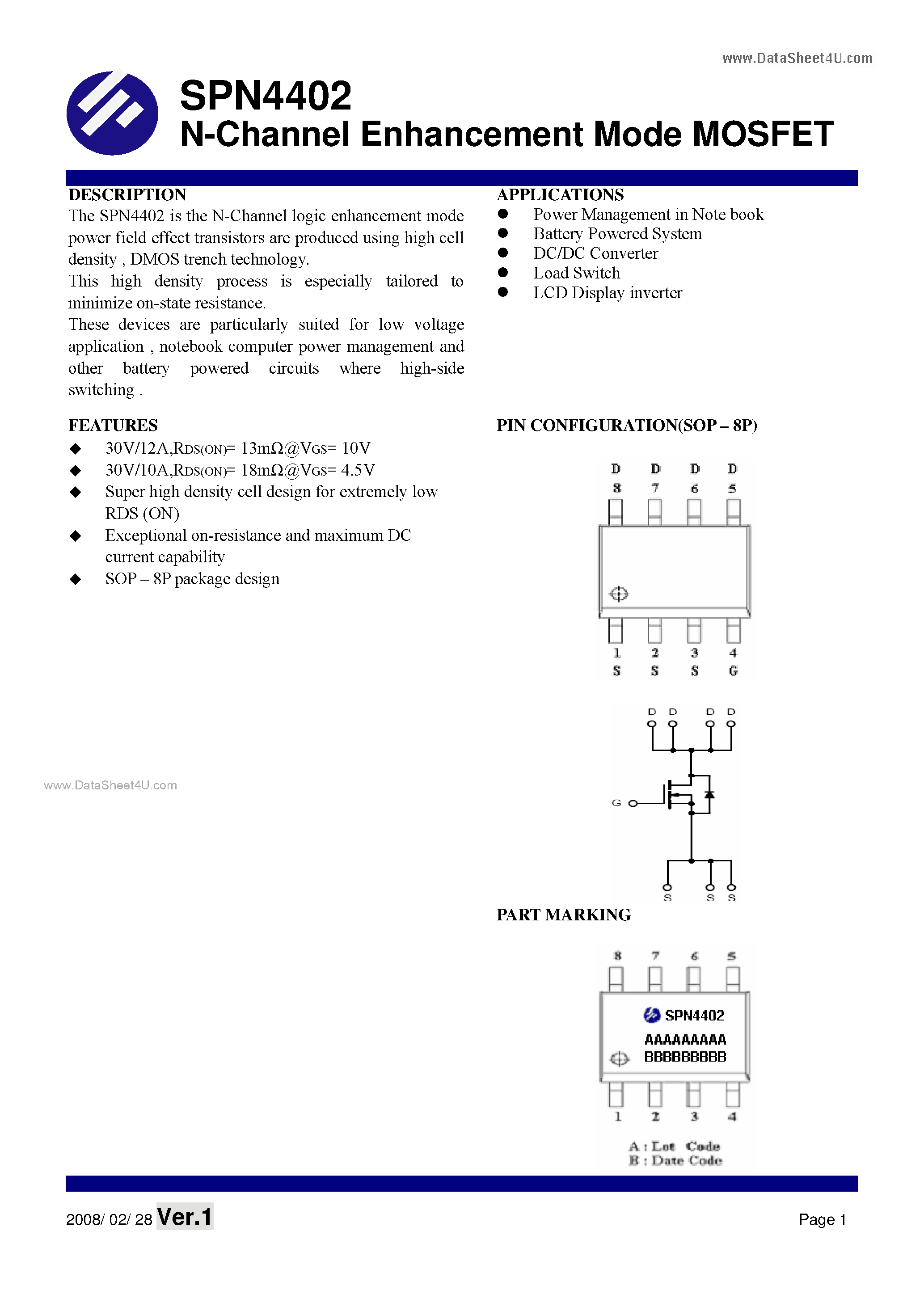 Datasheet SPN4402 - N-Channel Enhancement Mode MOSFET page 1