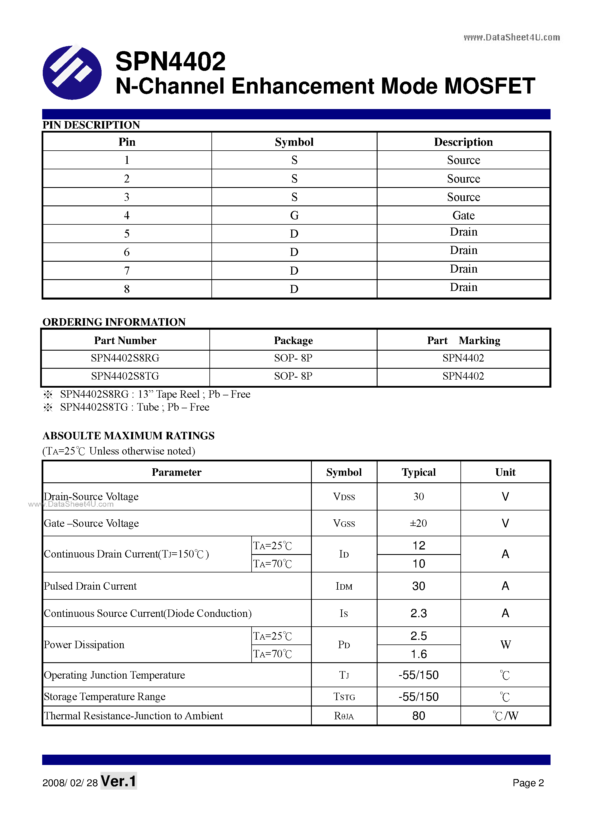 Datasheet SPN4402 - N-Channel Enhancement Mode MOSFET page 2