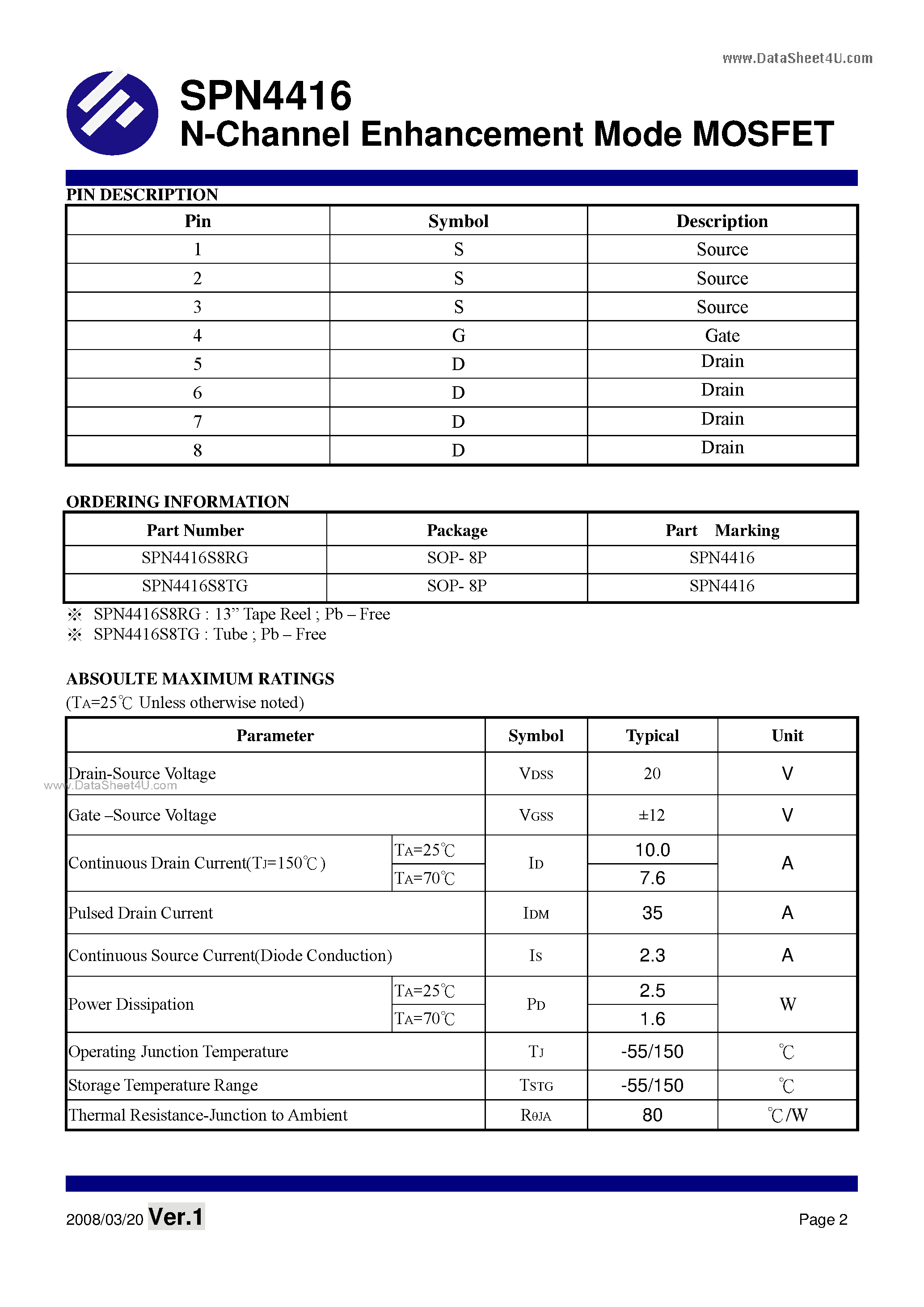 Datasheet SPN4416 - N-Channel Enhancement Mode MOSFET page 2