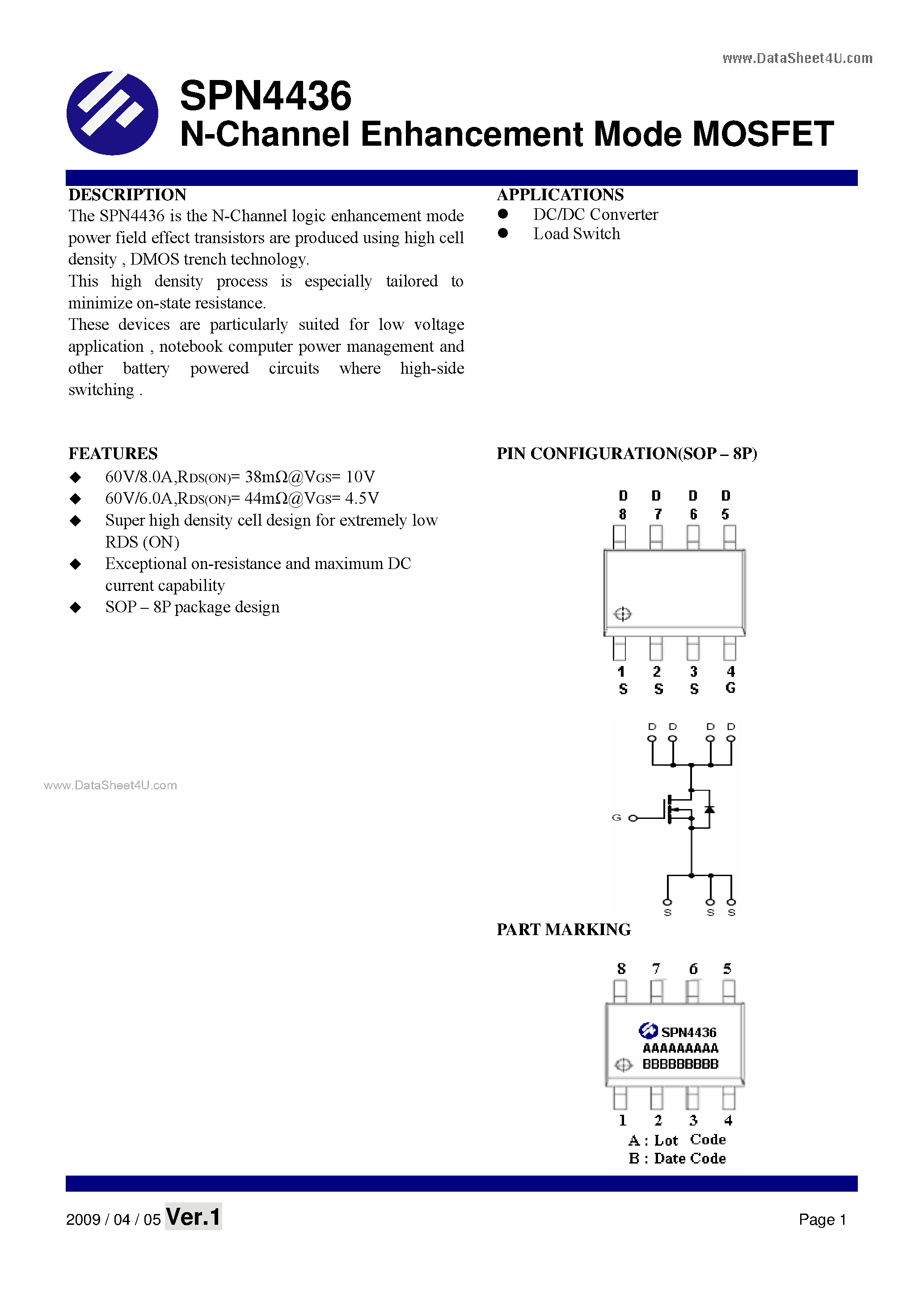 Datasheet SPN4436 - N-Channel Enhancement Mode MOSFET page 1