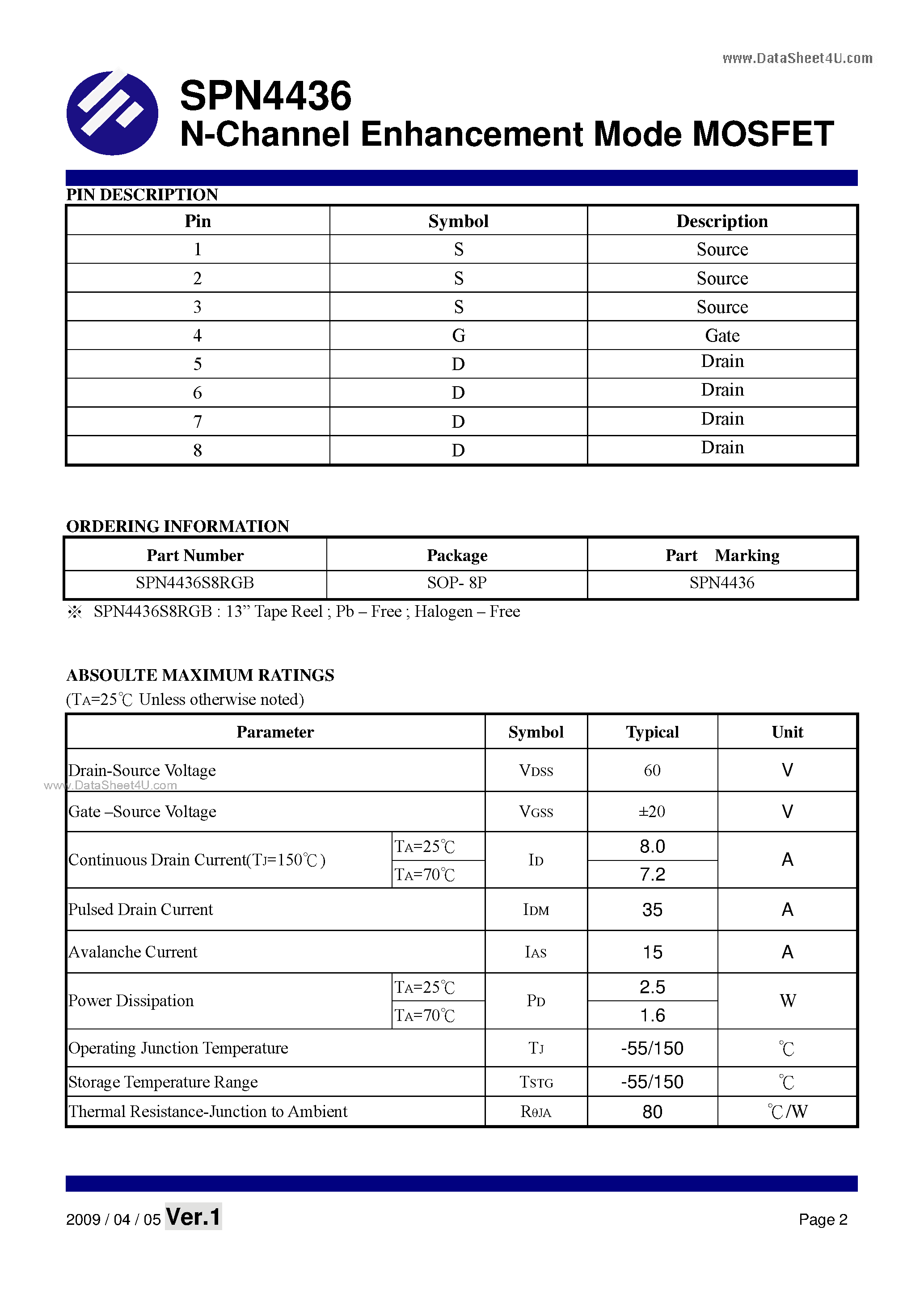 Datasheet SPN4436 - N-Channel Enhancement Mode MOSFET page 2