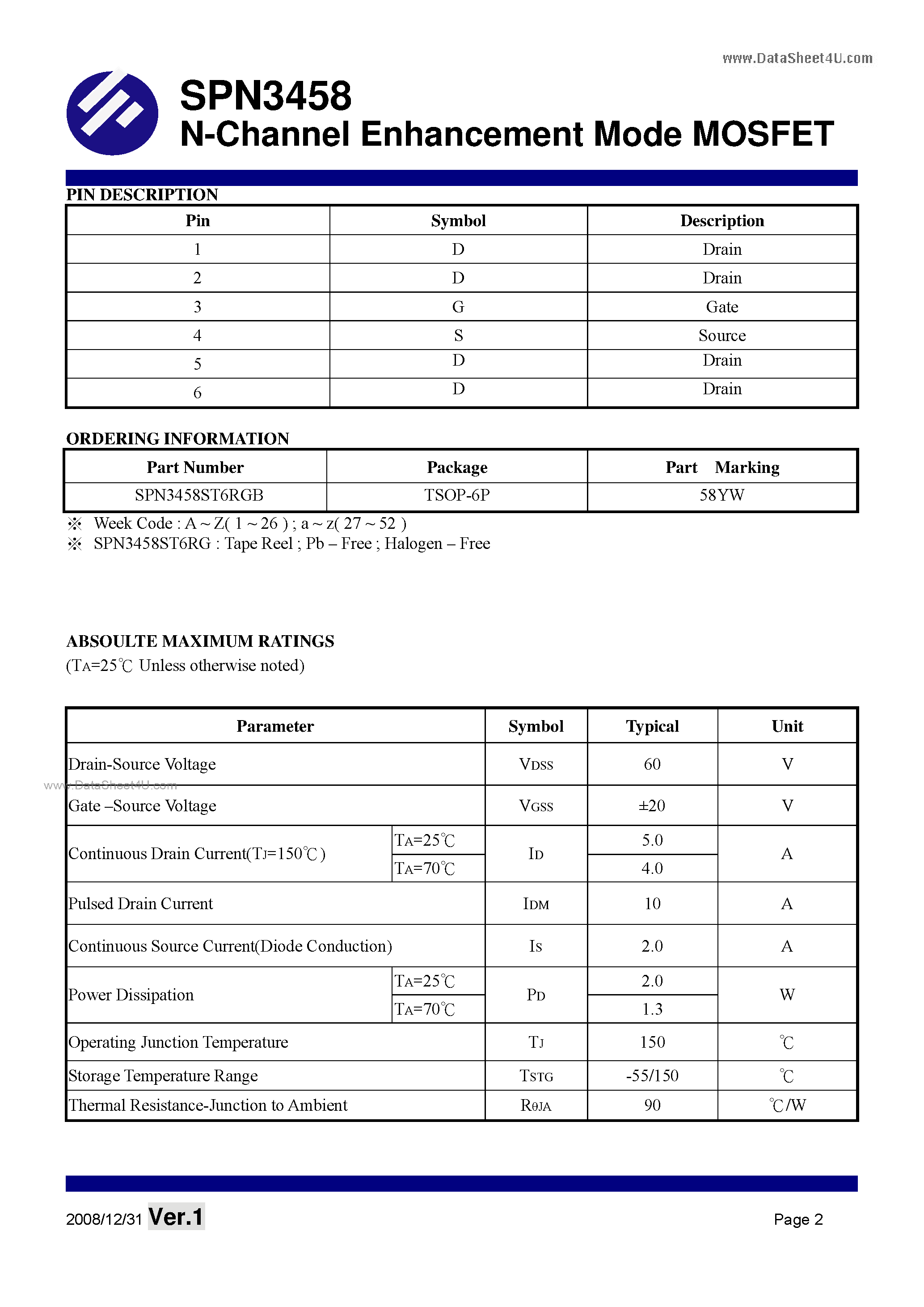 Datasheet SPN3458 - N-Channel Enhancement Mode MOSFET page 2