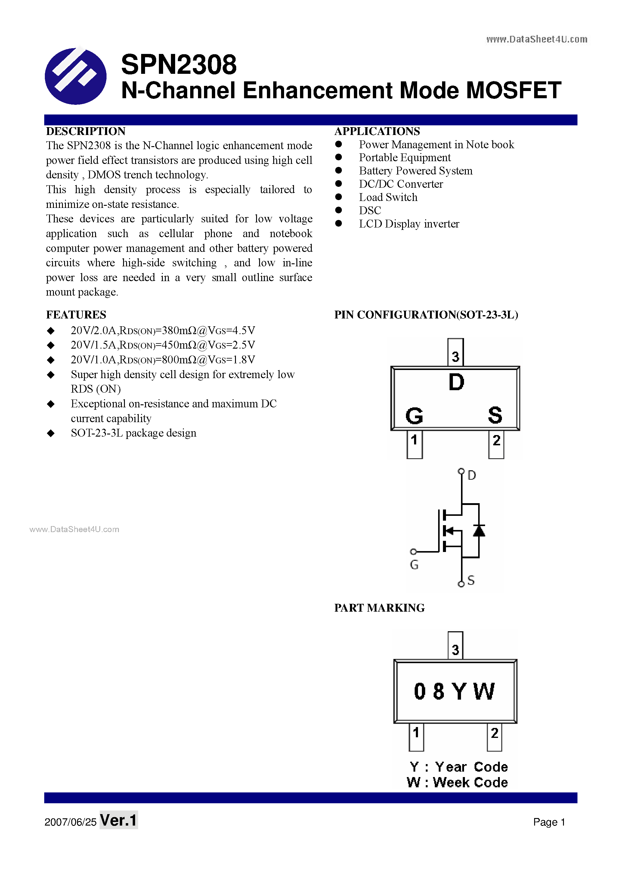 Datasheet SPN2308 - N-Channel Enhancement Mode MOSFET page 1