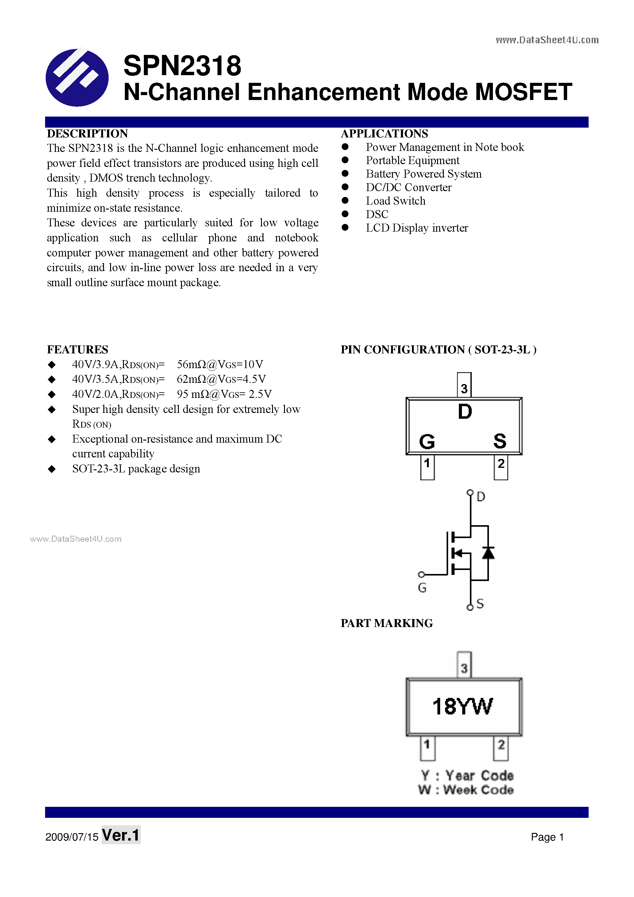 Datasheet SPN2318 - N-Channel Enhancement Mode MOSFET page 1