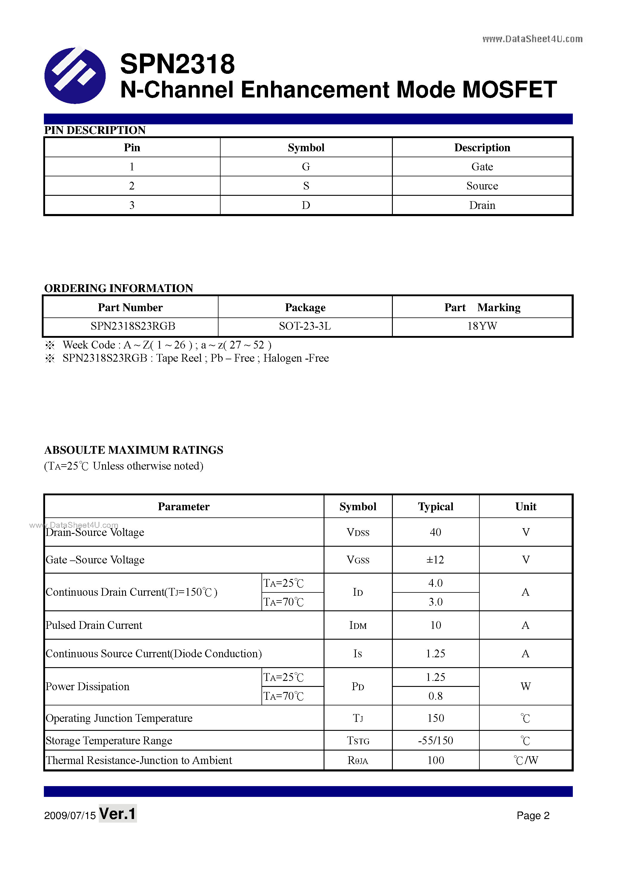 Datasheet SPN2318 - N-Channel Enhancement Mode MOSFET page 2