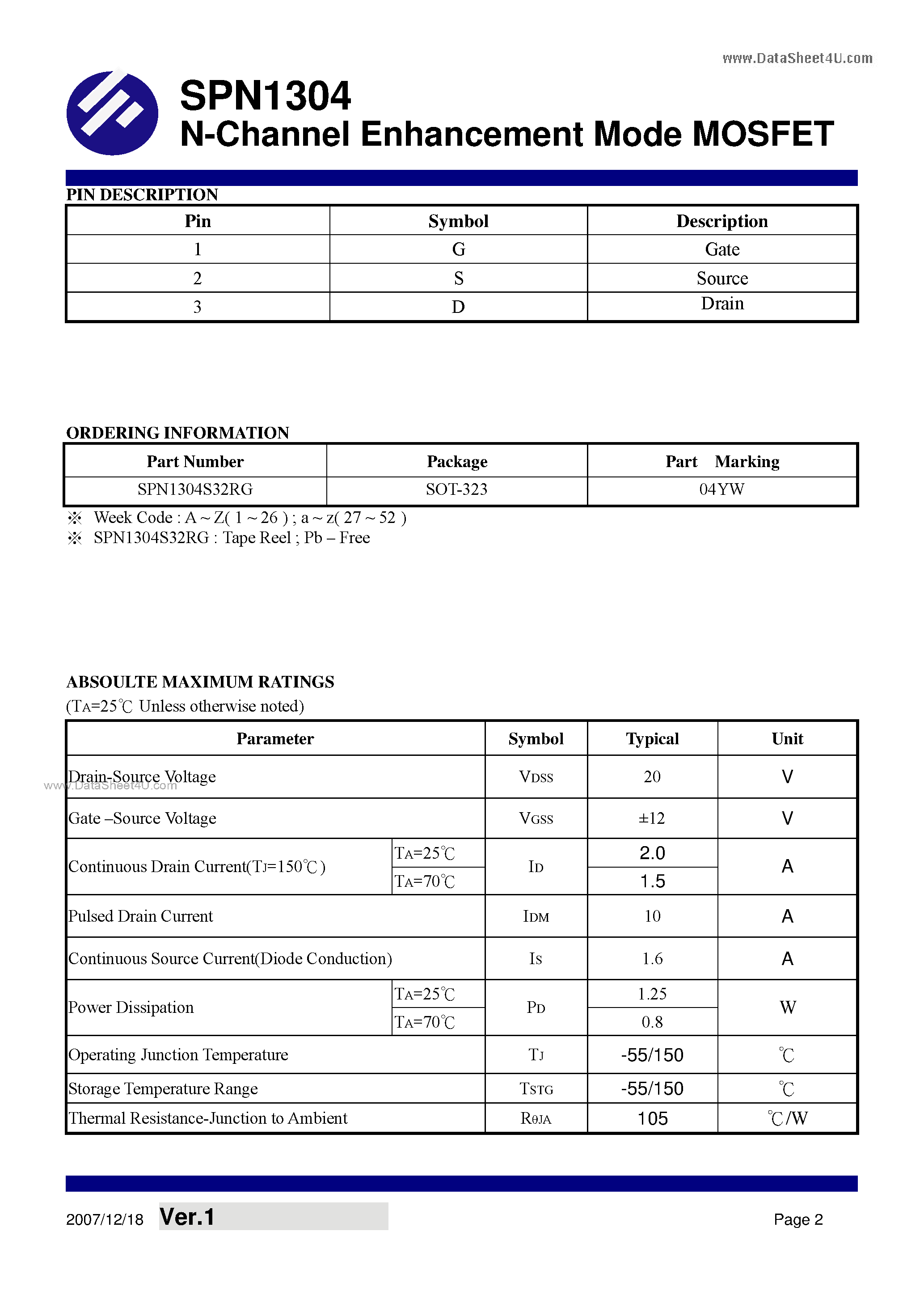 Datasheet SPN1304 - N-Channel Enhancement Mode MOSFET page 2