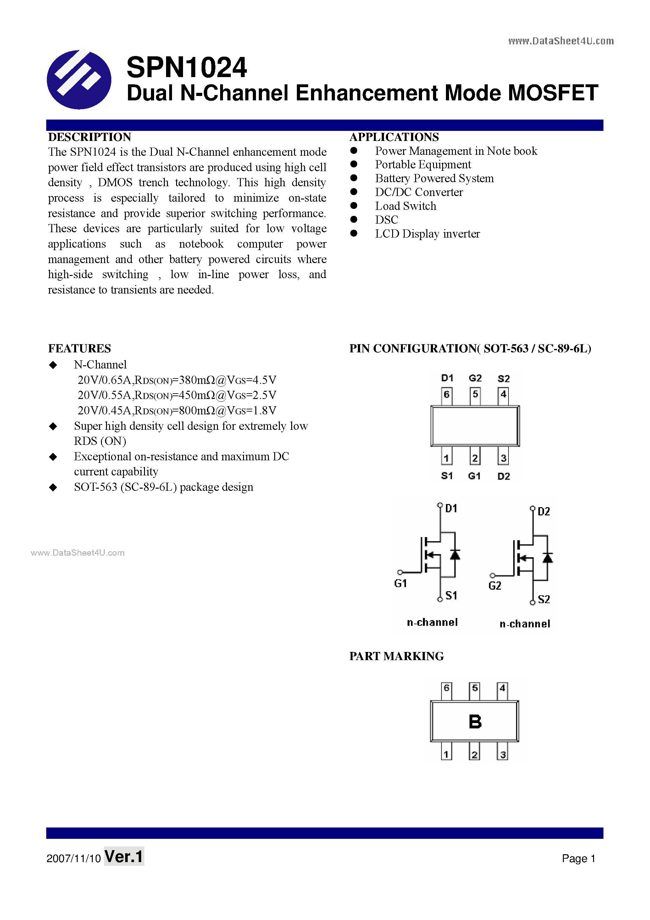 Datasheet SPN1024 - Dual N-Channel Enhancement Mode MOSFET page 1