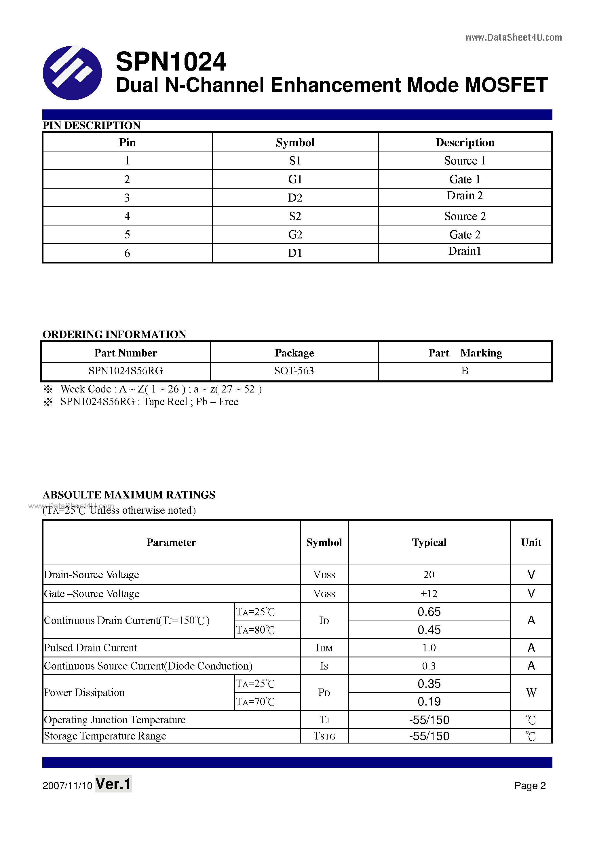 Datasheet SPN1024 - Dual N-Channel Enhancement Mode MOSFET page 2
