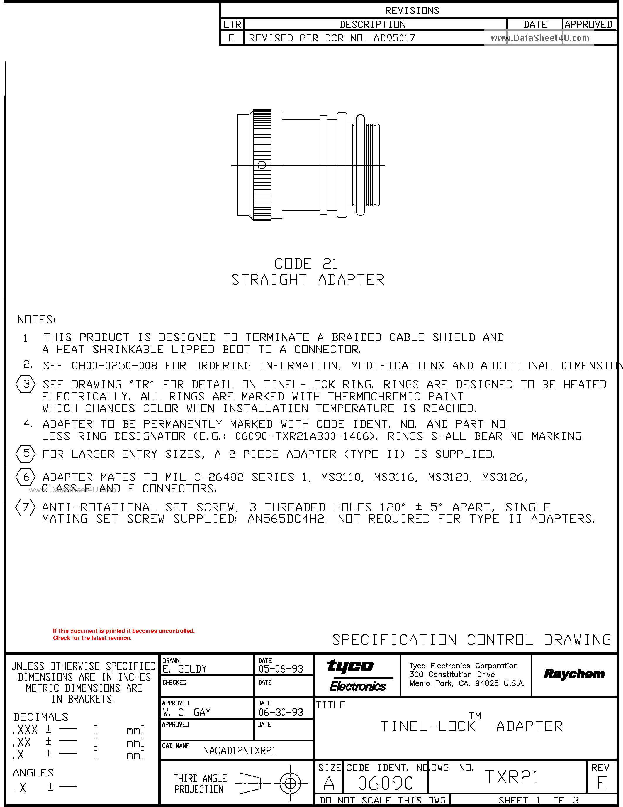 Datasheet TXR21 page 1 Datasheet TXR21 - Spin and Tinel Lock Adapters page 1