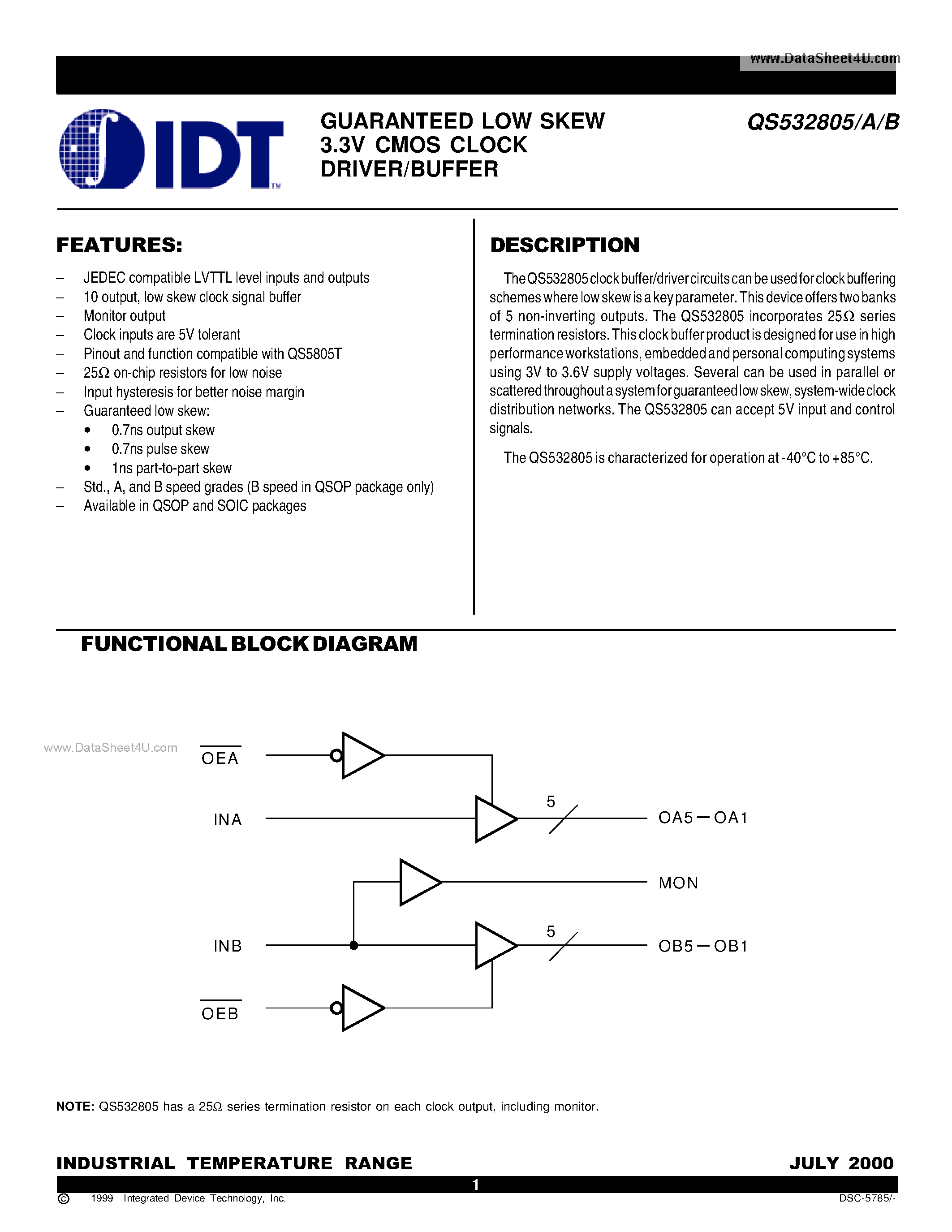 Datasheet QS532805 page 1 Datasheet QS532805 - GUARANTEED LOW SKEW 3.3V CMOS CLOCK DRIVER/BUFFER page 1