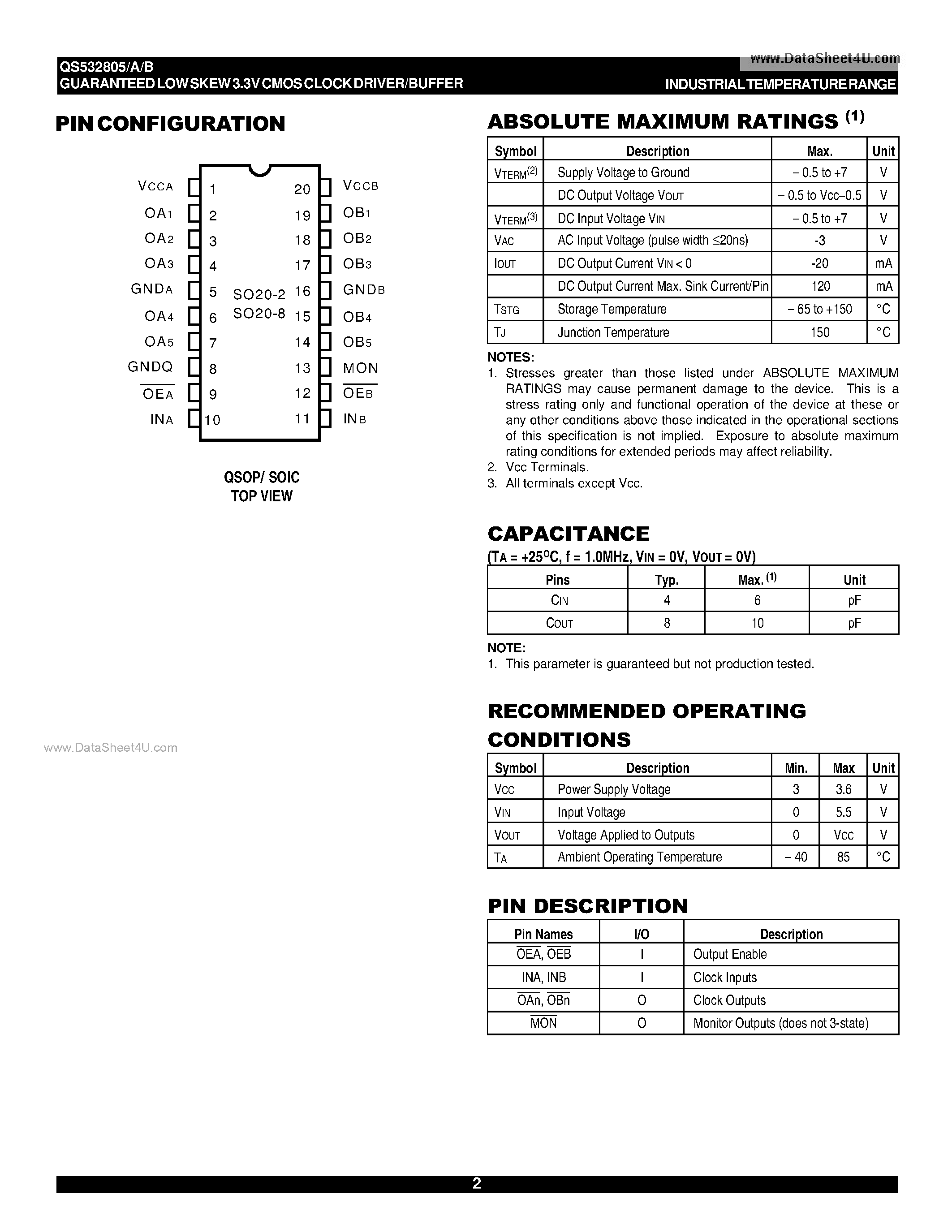 Datasheet QS532805 page 2 Datasheet QS532805 - GUARANTEED LOW SKEW 3.3V CMOS CLOCK DRIVER/BUFFER page 2
