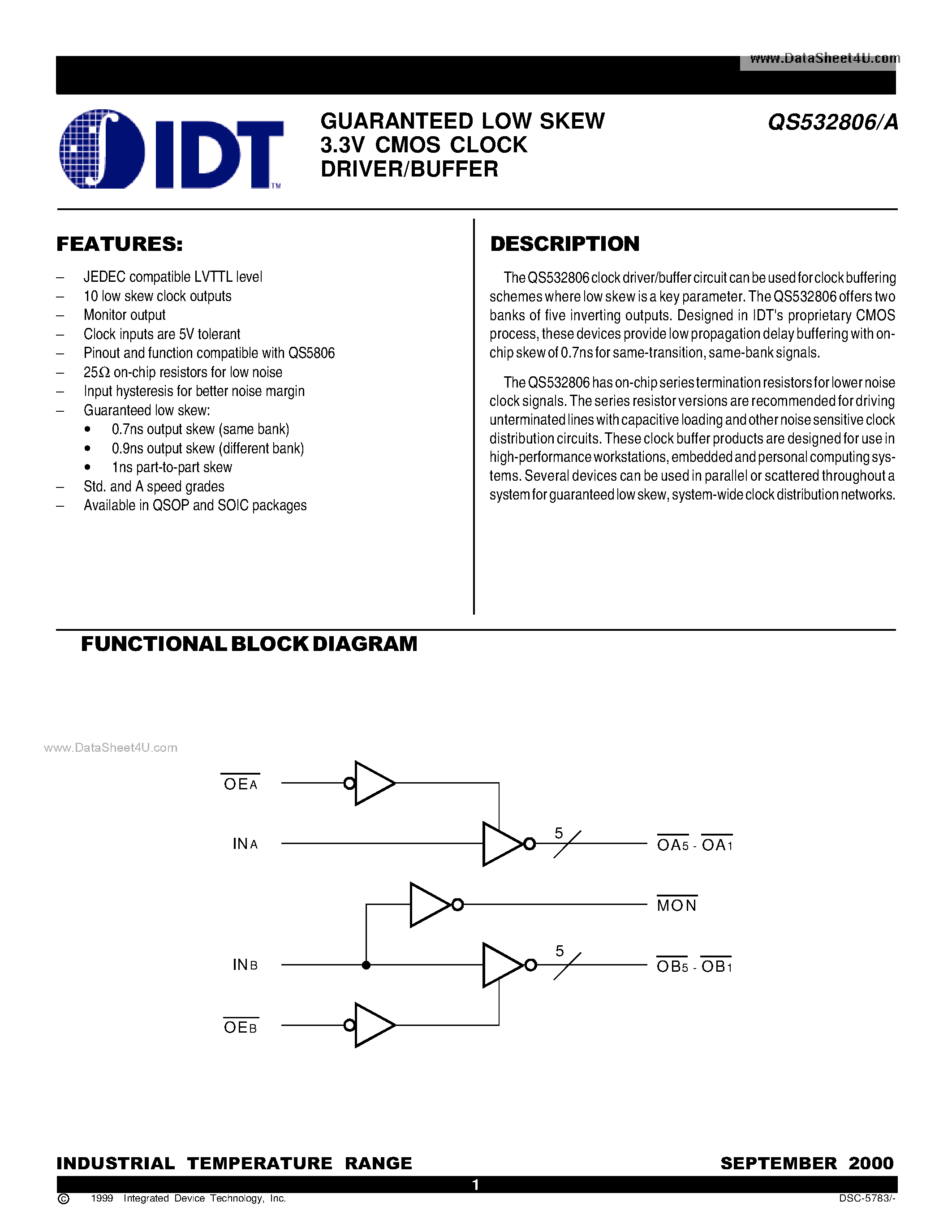 Datasheet QS532806 page 1 Datasheet QS532806 - Guaranteed Low Skew 3.3V CMOS Clock Driver/buffer page 1