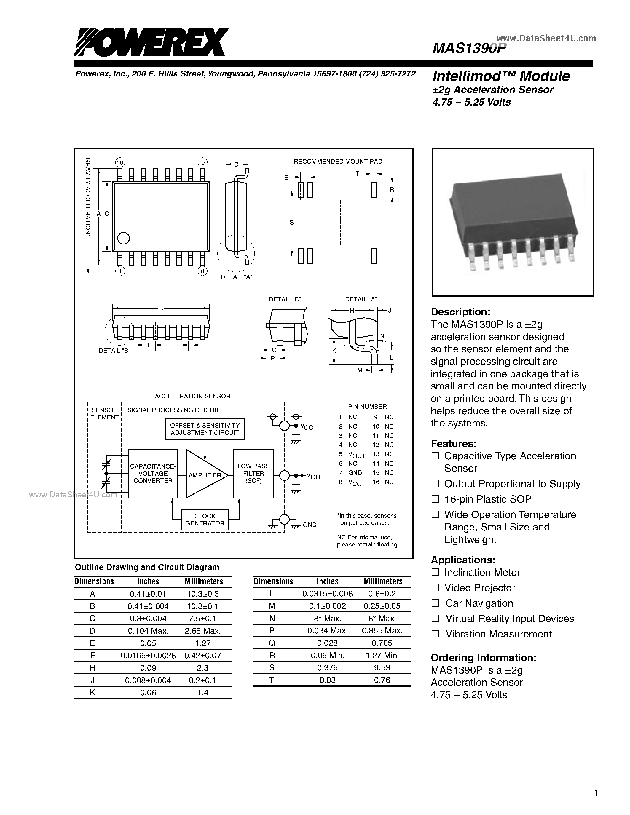 Datasheet MAS1390P - Intellimod Module Acceleration Sensor 4.75 5.25 Volts page 1