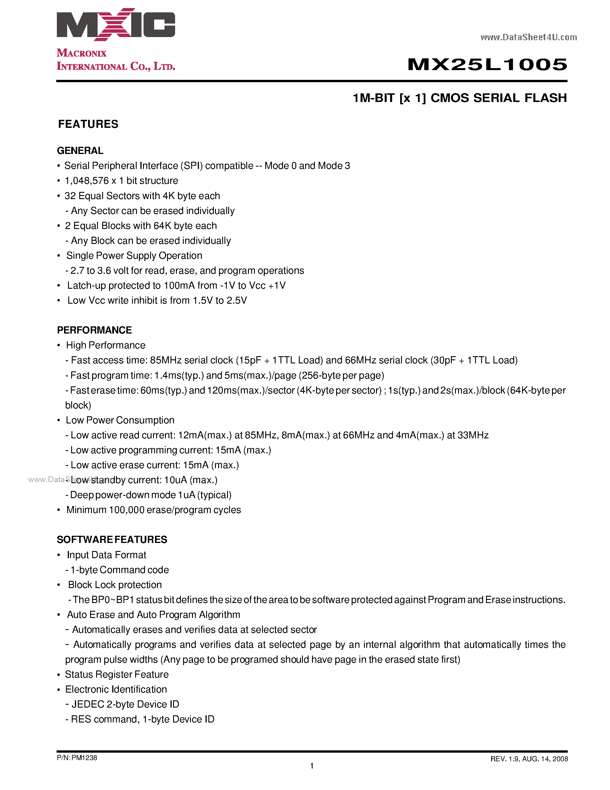 Datasheet MX25L1005 - 1M-BIT [x 1] CMOS SERIAL FLASH page 1