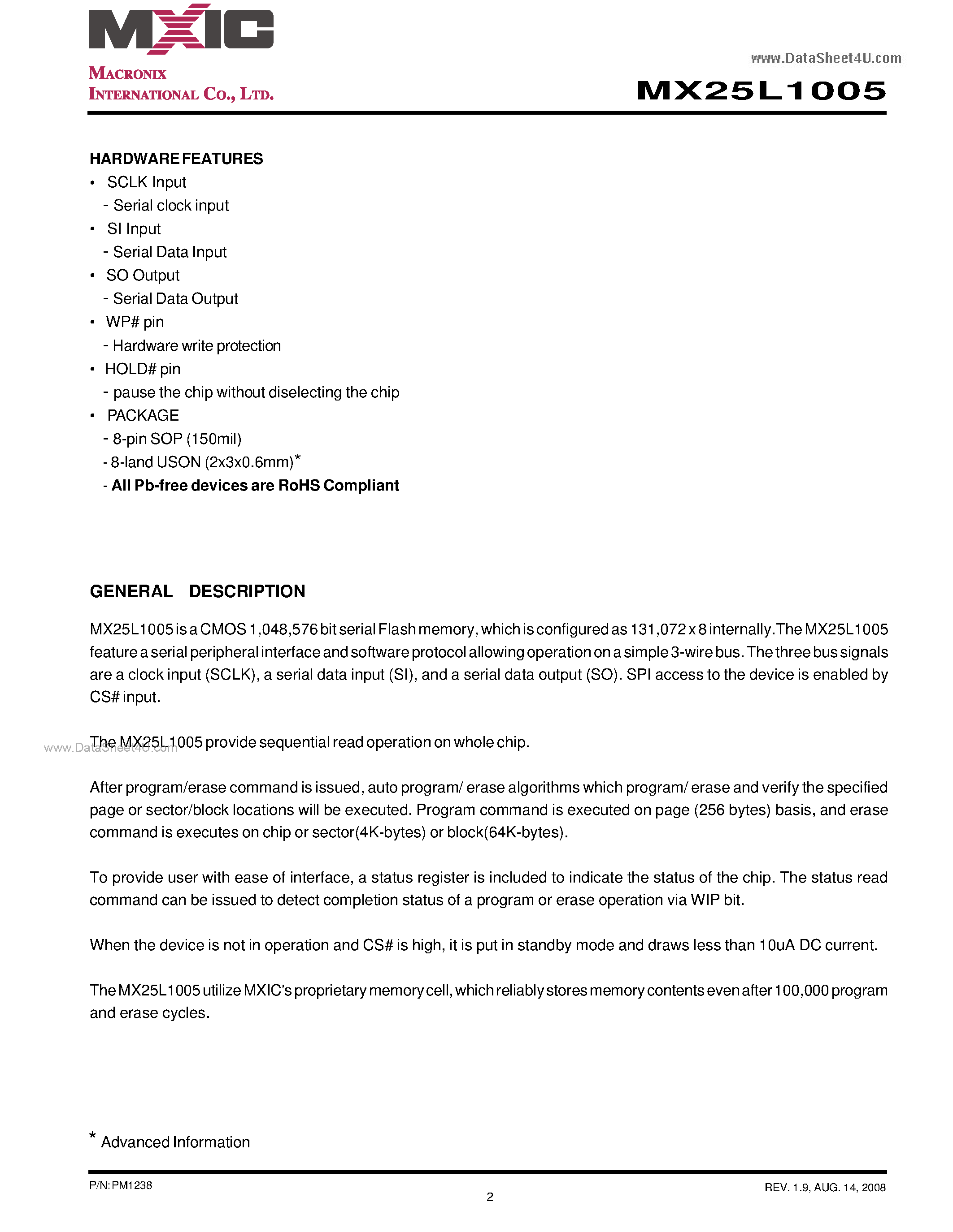 Datasheet MX25L1005 - 1M-BIT [x 1] CMOS SERIAL FLASH page 2