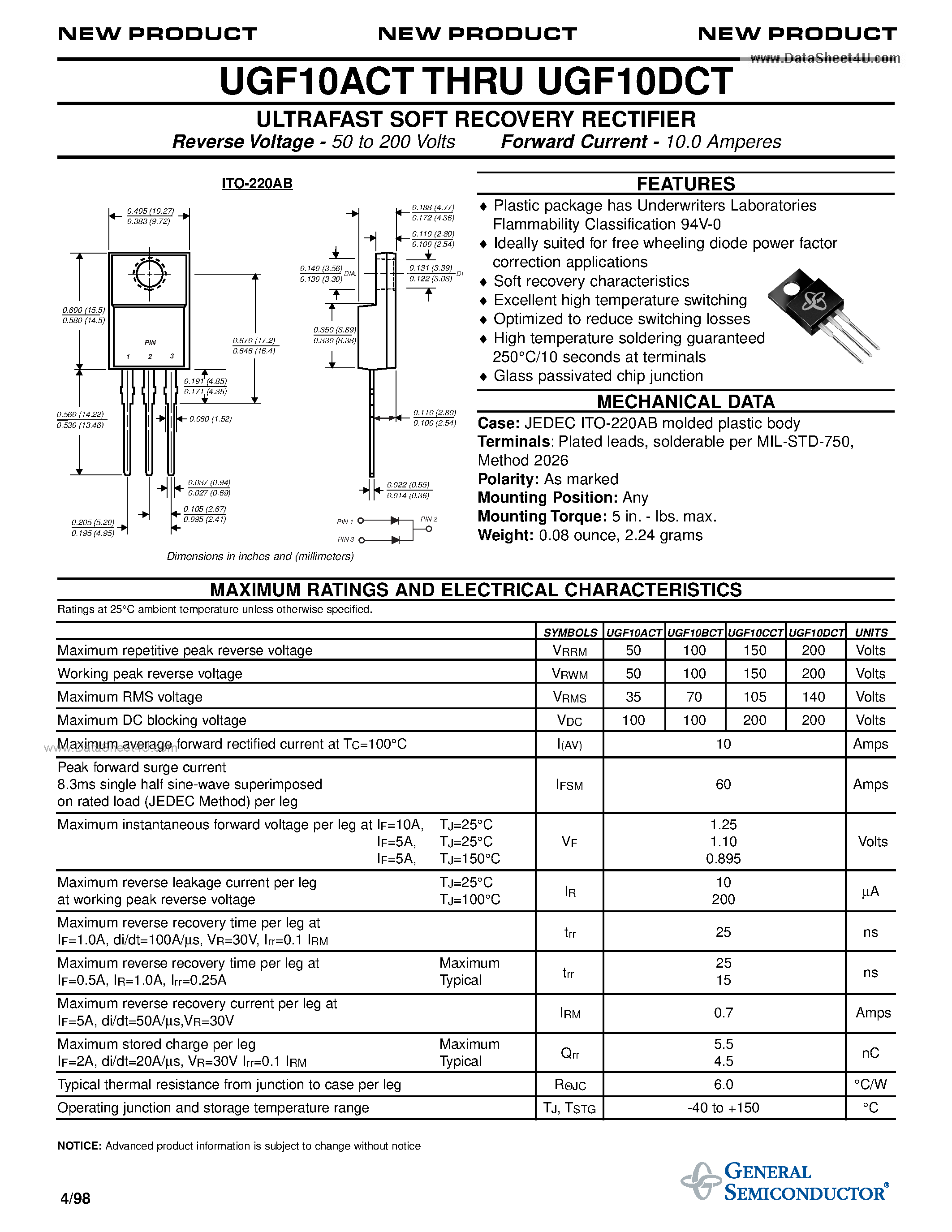 Datasheet UGF10ACT page 1 Datasheet UGF10ACT - ULTRAFAST SOFT RECOVERY RECTIFIER page 1