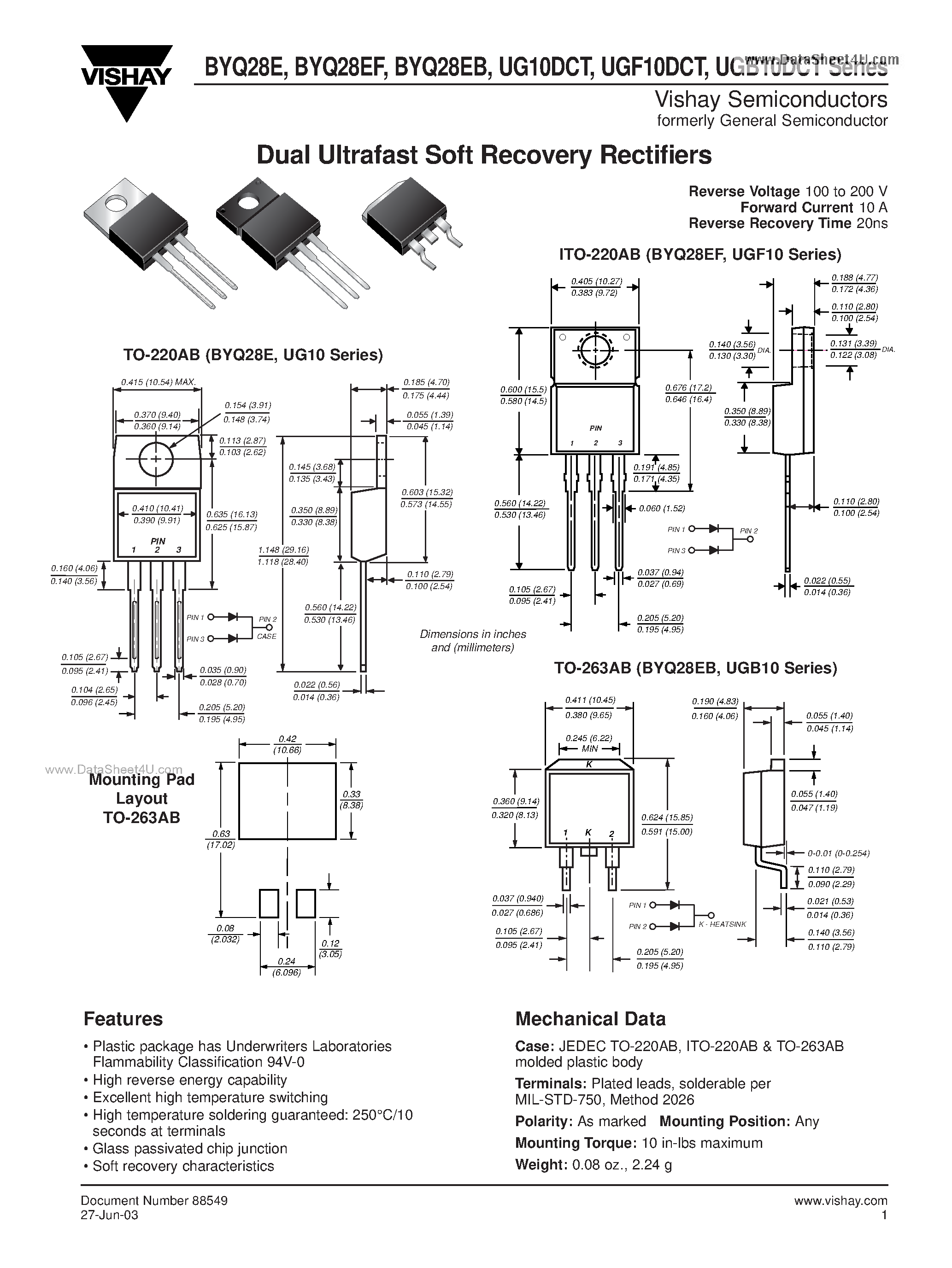 Datasheet UGF10DCT - Dual Ultrafast Soft Recovery Rectifiers page 1