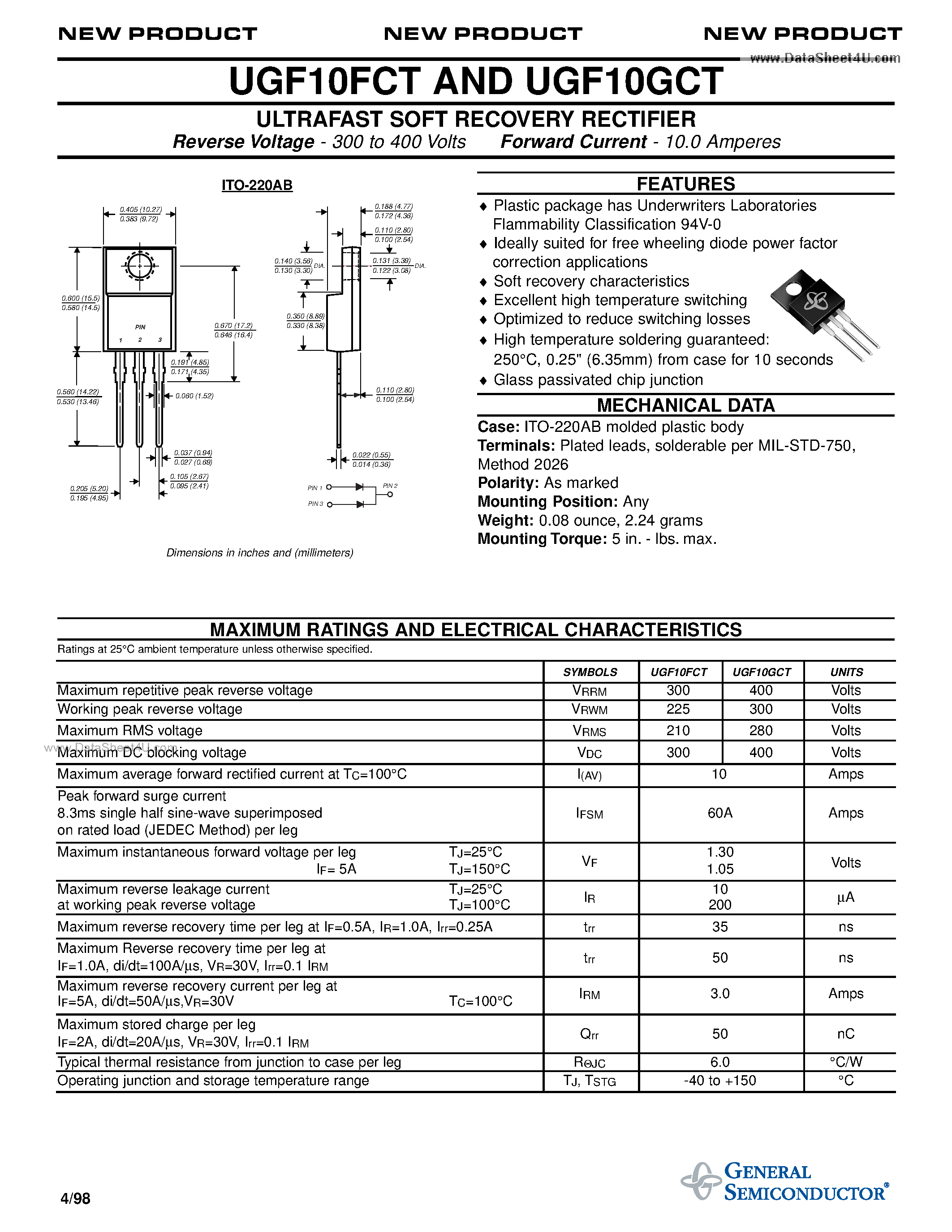 Datasheet UGF10FCT page 1 Datasheet UGF10FCT - ULTRAFAST SOFT RECOVERY RECTIFIER page 1
