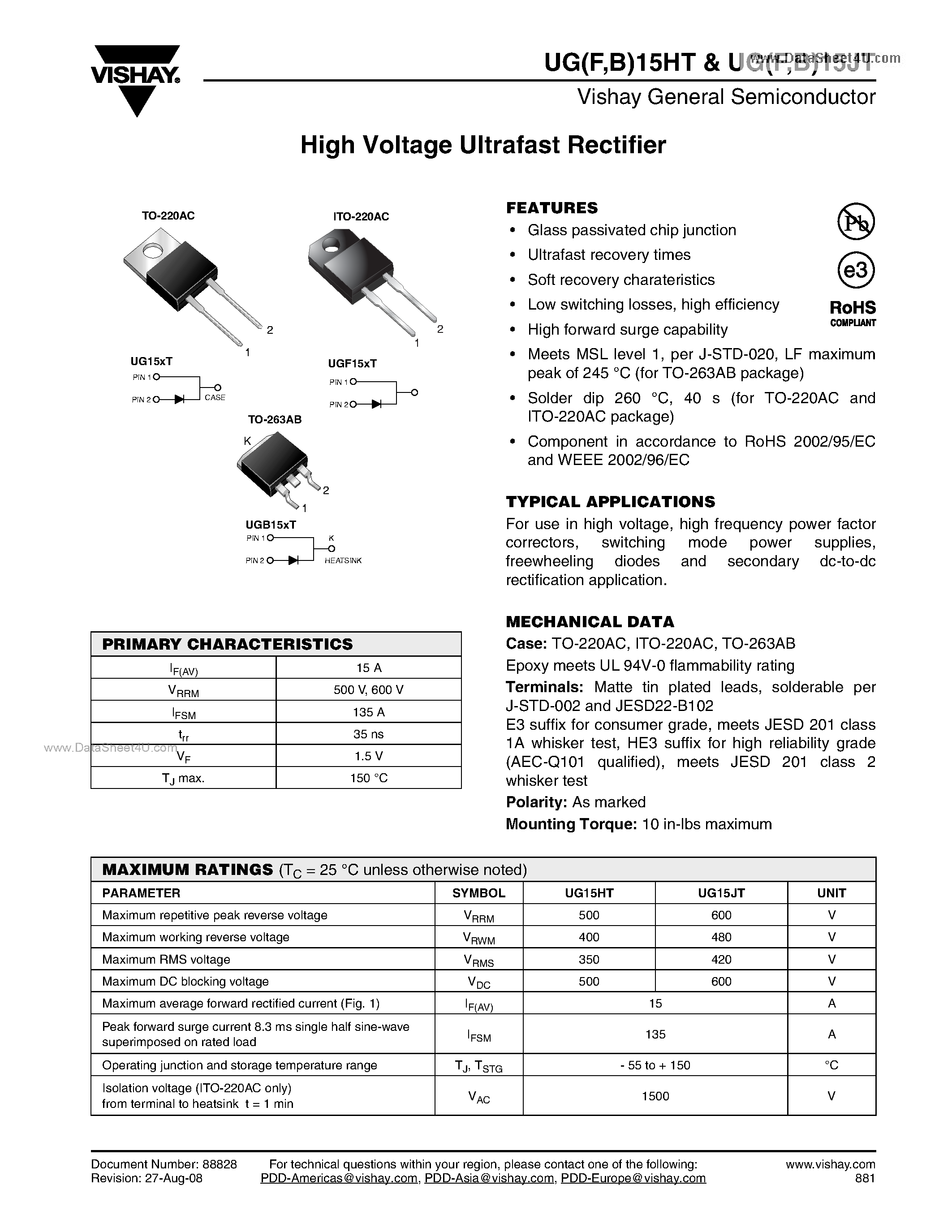 Datasheet UGF15HT page 1 Datasheet UGF15HT - High Voltage Ultrafast Rectifier page 1