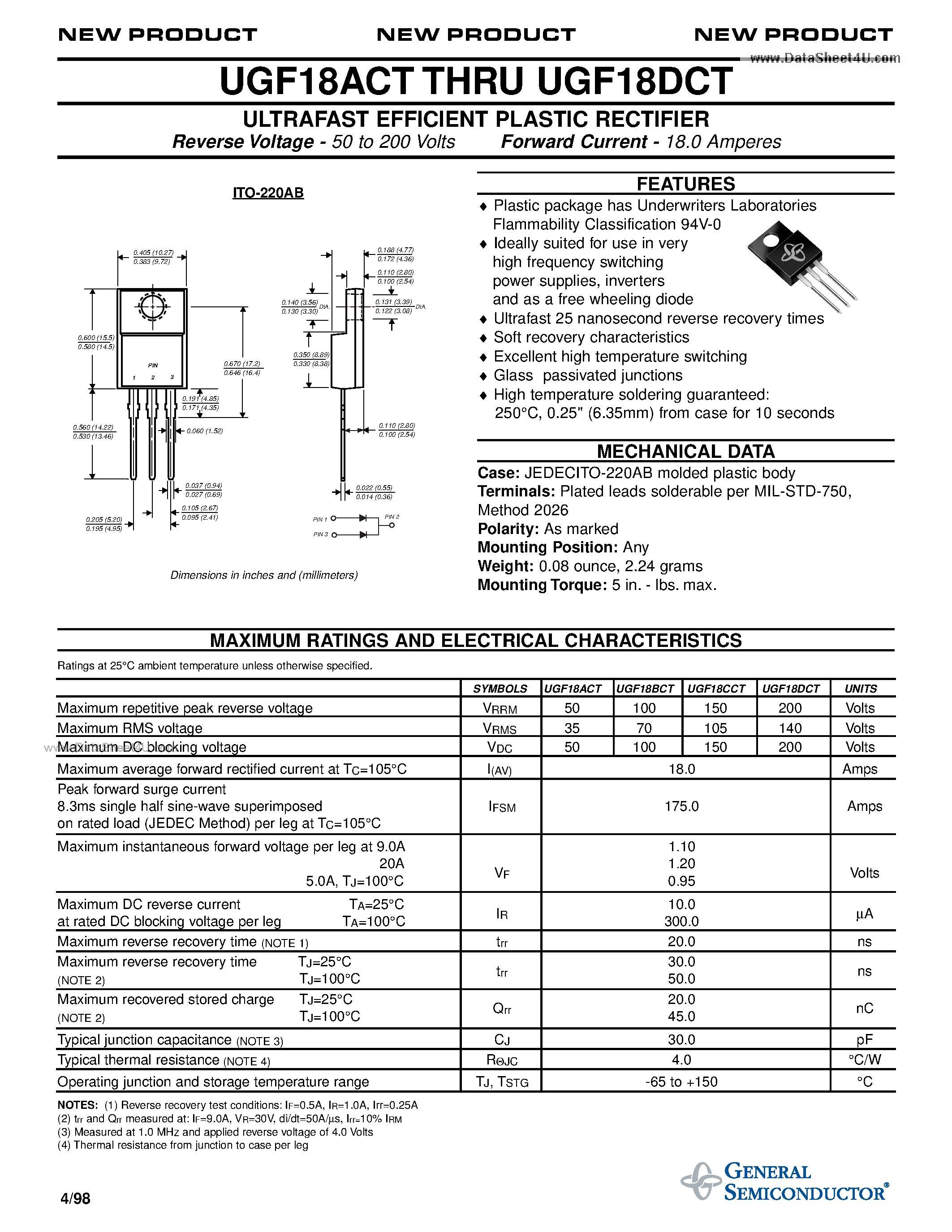 Datasheet UGF18ACT page 1 Datasheet UGF18ACT - ULTRAFAST EFFICIENT PLASTIC RECTIFIER page 1