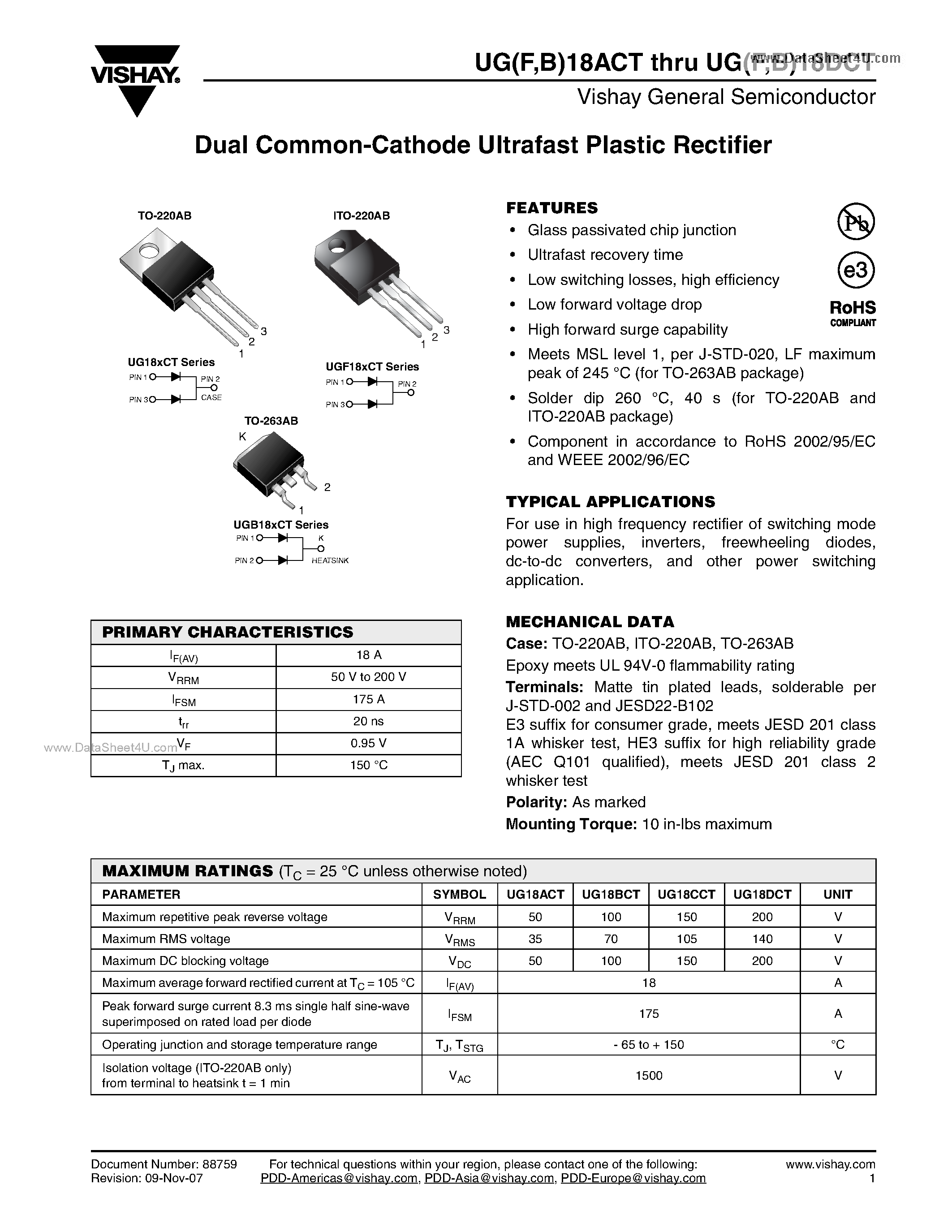 Datasheet UGF18ACT page 1 Datasheet UGF18ACT - Dual Common-Cathode Ultrafast Plastic Rectifier page 1