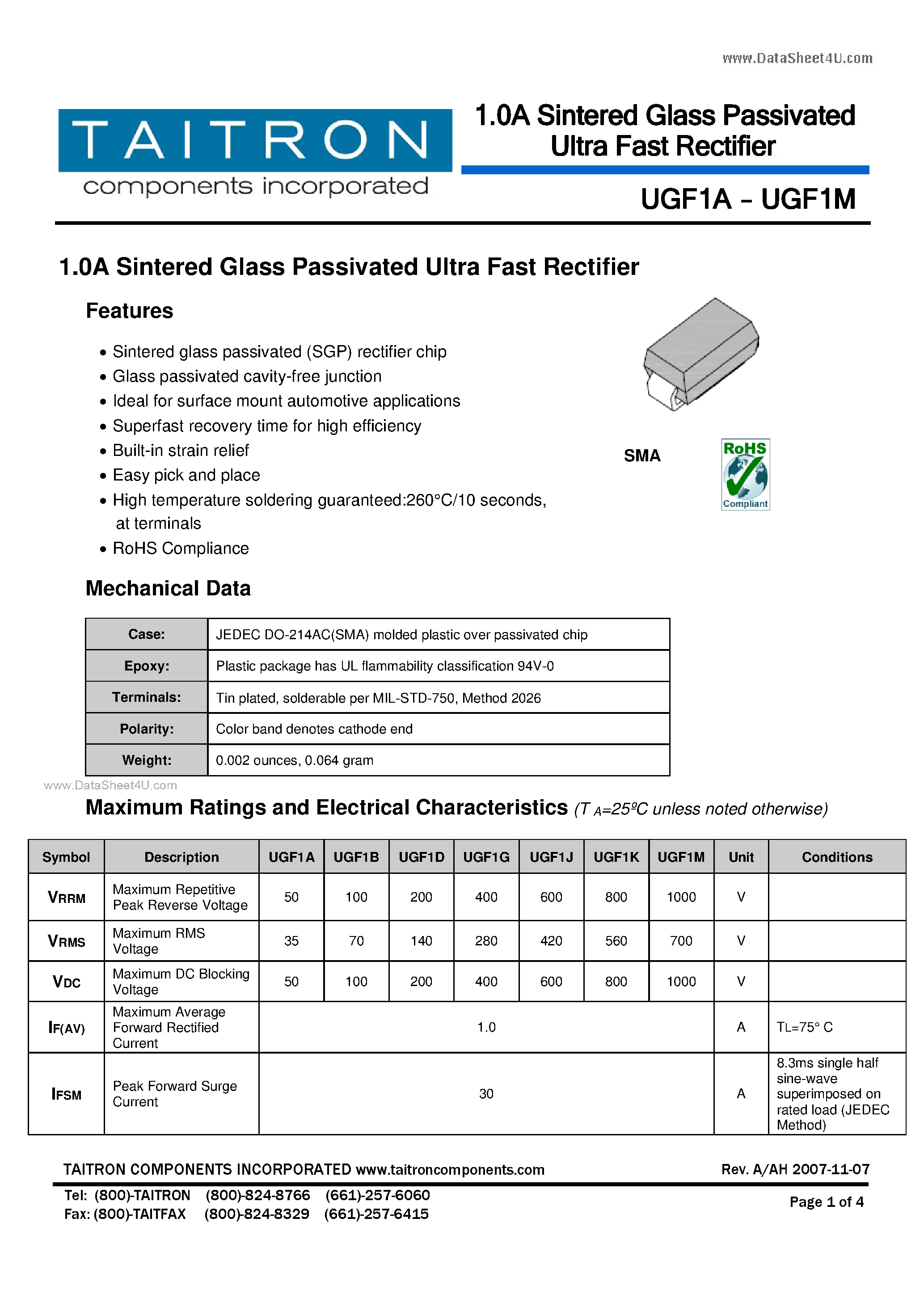 Datasheet UGF1A - 1.0A Sintered Glass Passivated Ultra Fast Rectifier page 1