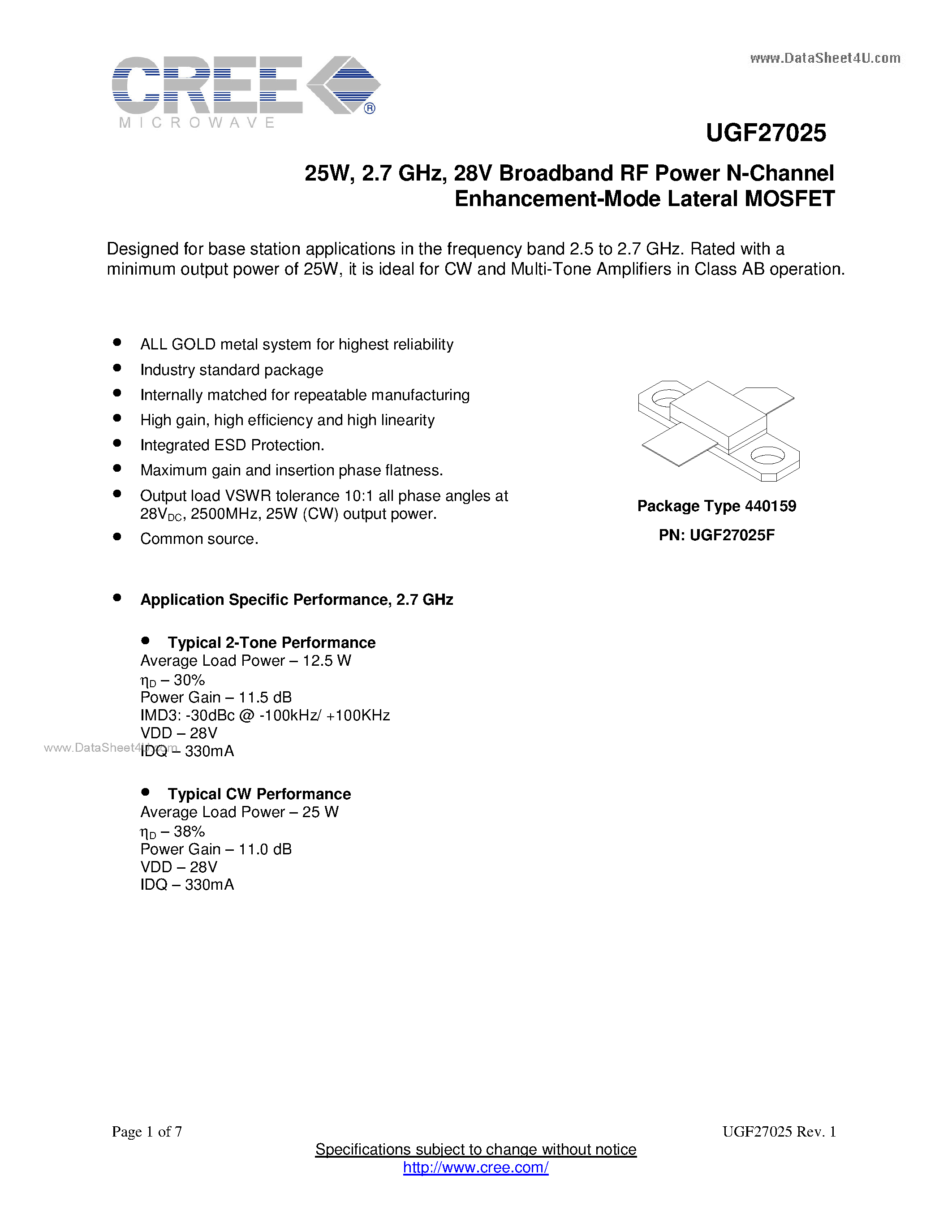 Datasheet UGF27025 - 28V Broadband RF Power N-Channel Enhancement-Mode Lateral MOSFET page 1