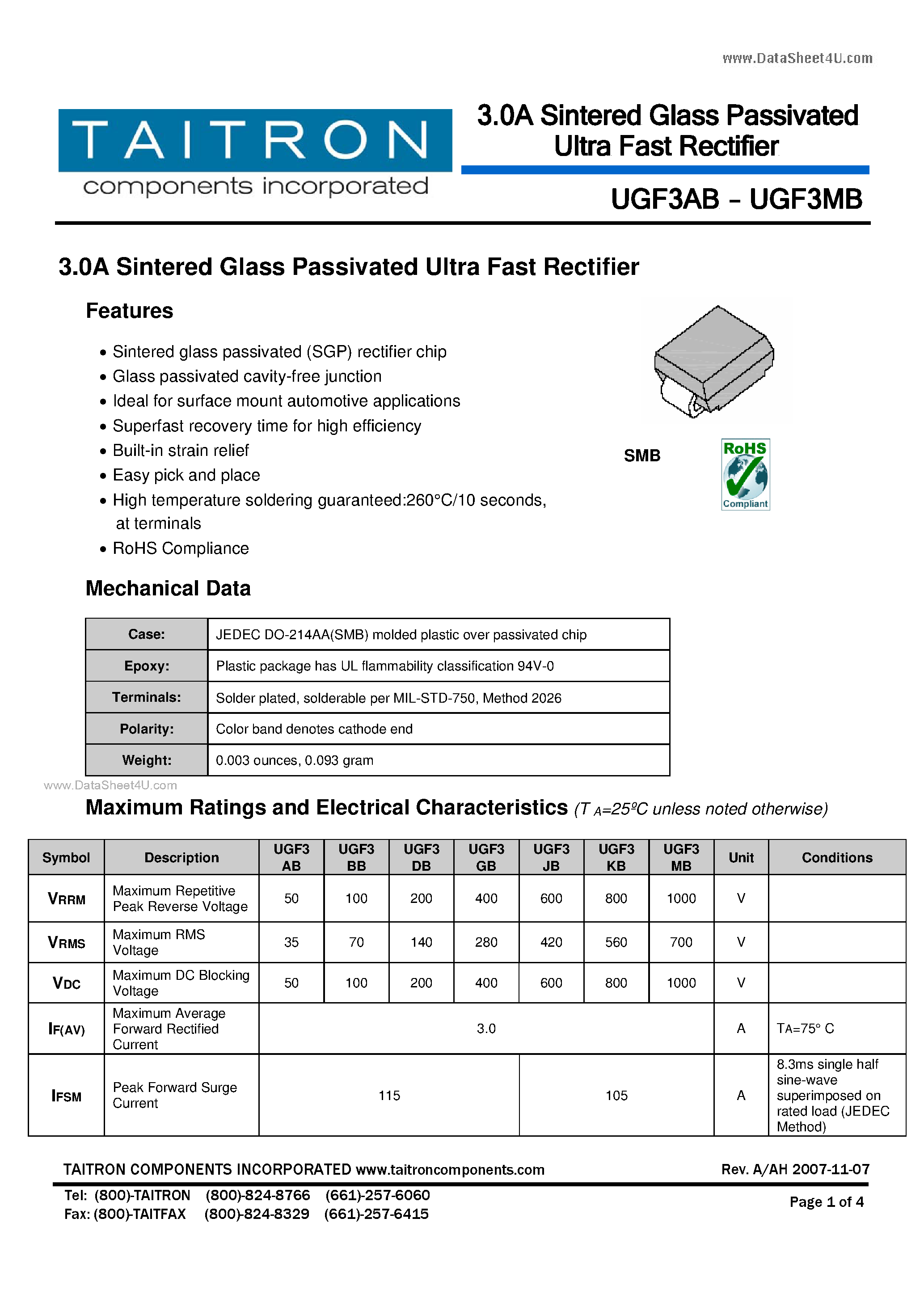 Datasheet UGF3AB page 1 Datasheet UGF3AB - 3.0A Sintered Glass Passivated Ultra Fast Rectifier page 1