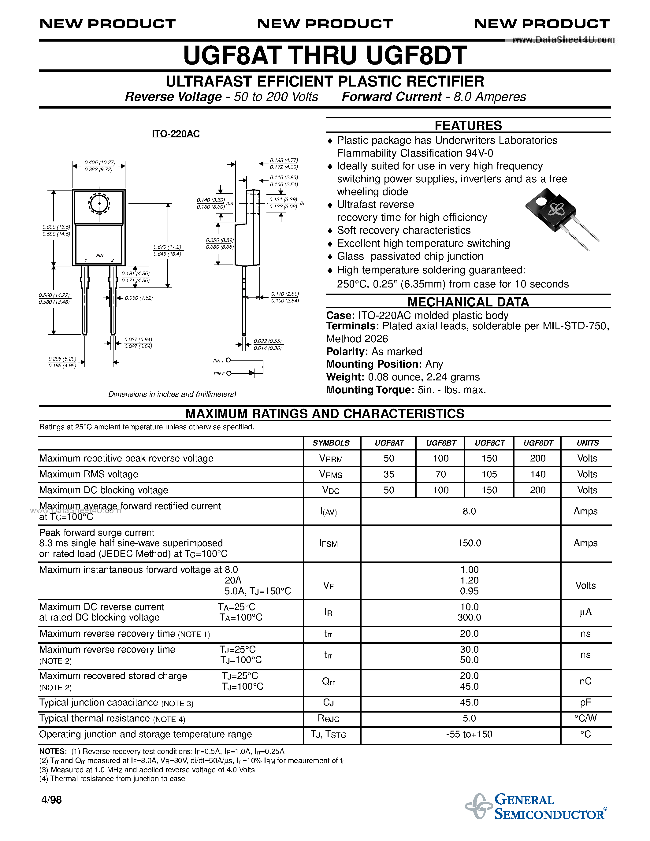 Datasheet UGF8AT - ULTRAFAST EFFICIENT PLASTIC RECTIFIER page 1