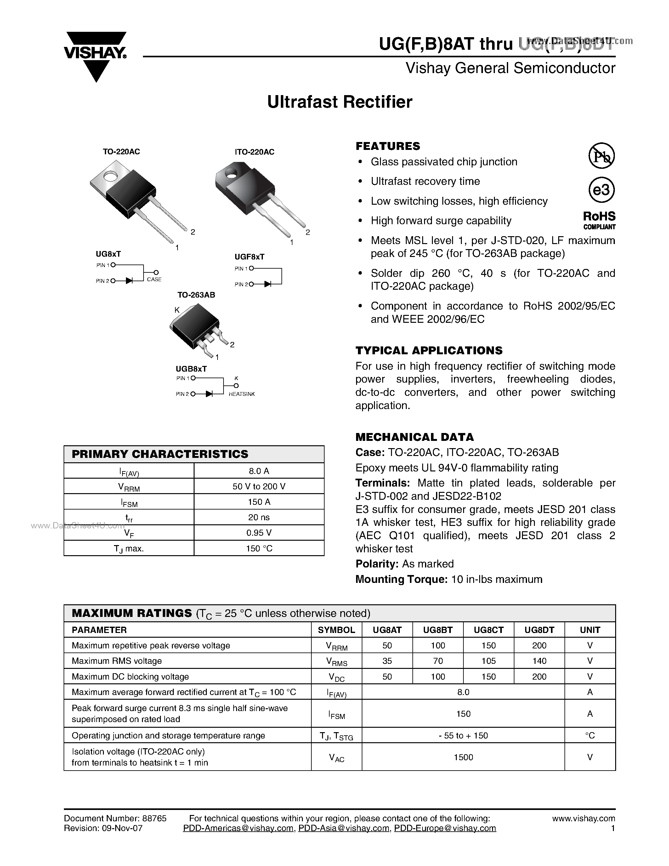 Datasheet UGF8AT - Ultrafast Rectifier page 1