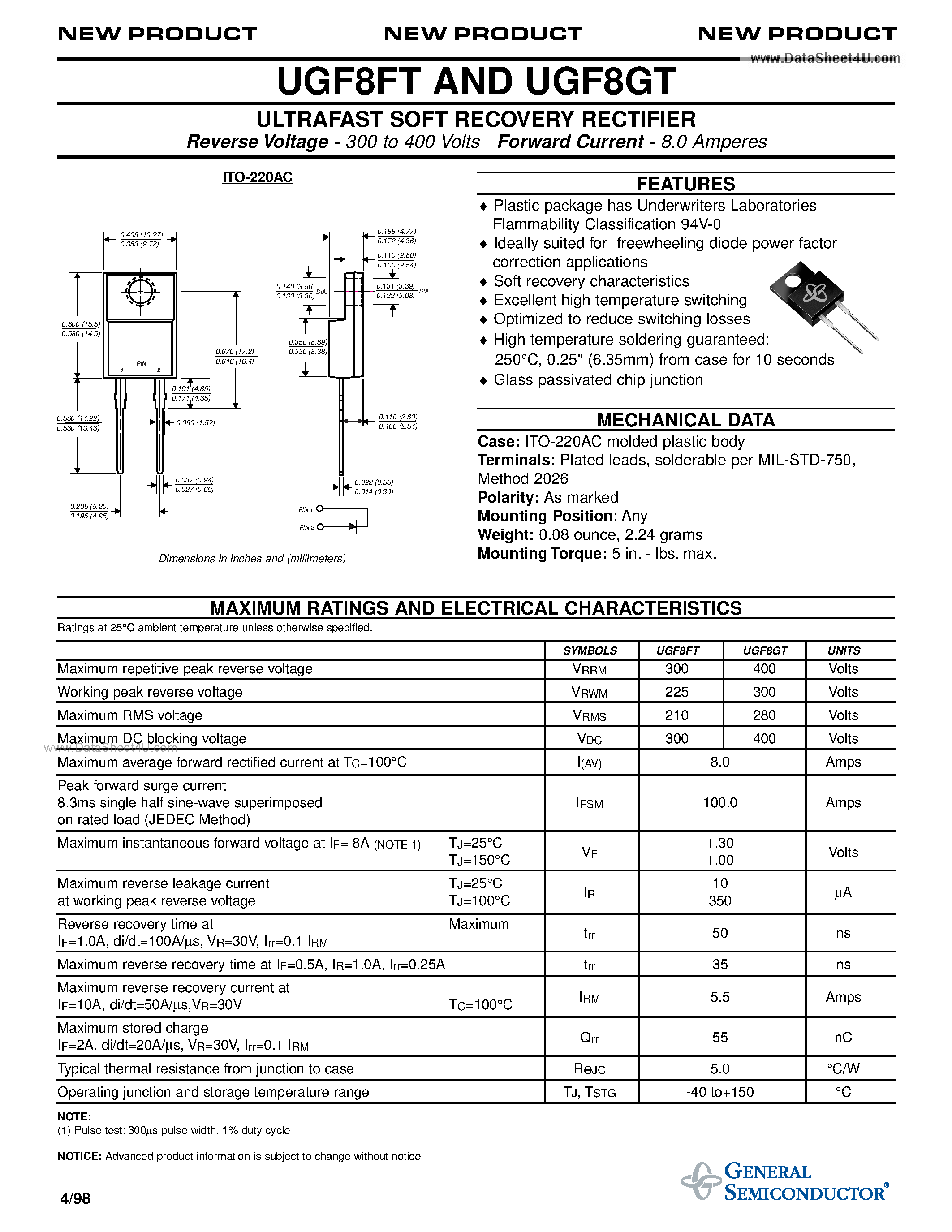 Datasheet UGF8FT - ULTRAFAST SOFT RECOVERY RECTIFIER page 1