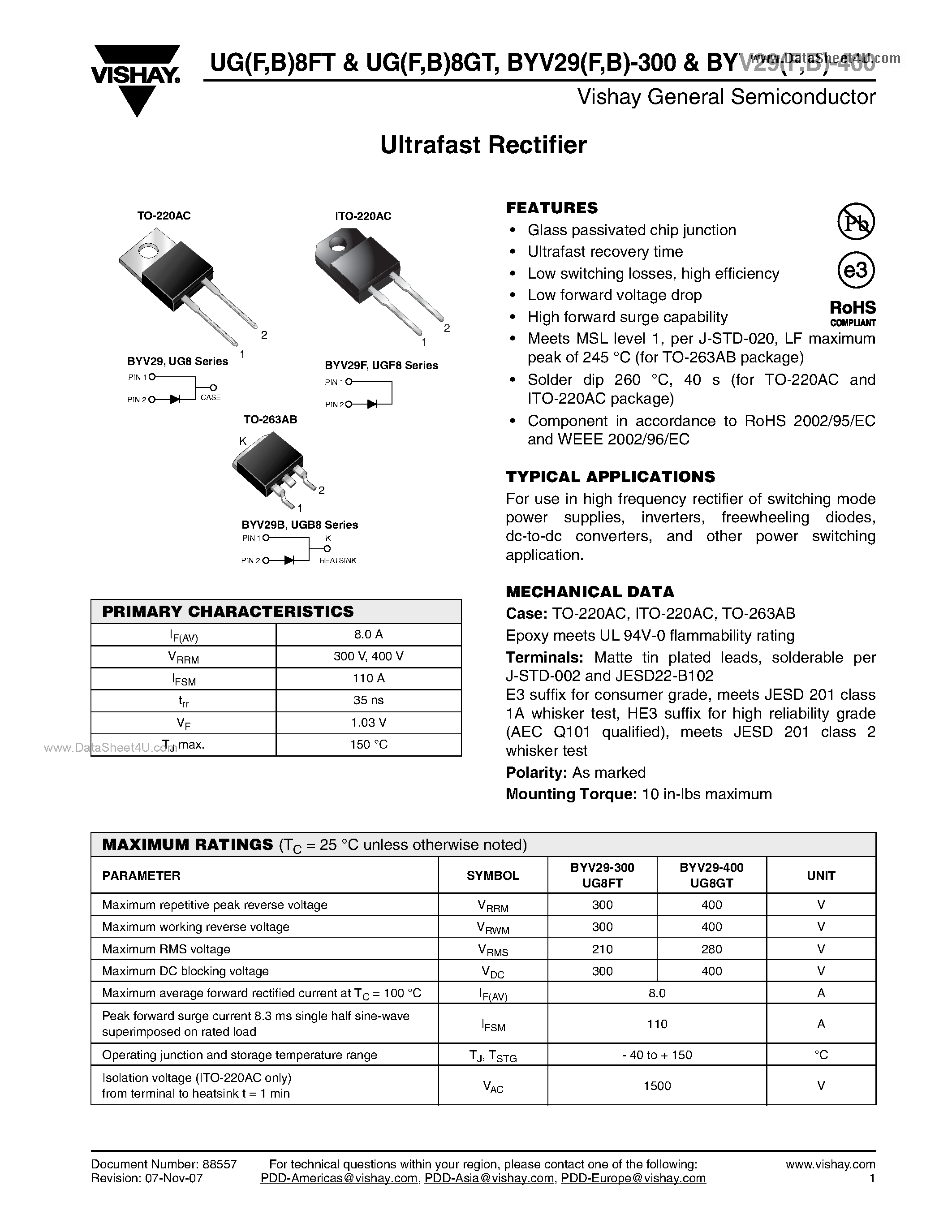 Datasheet UGF8FT - Ultrafast Rectifier page 1
