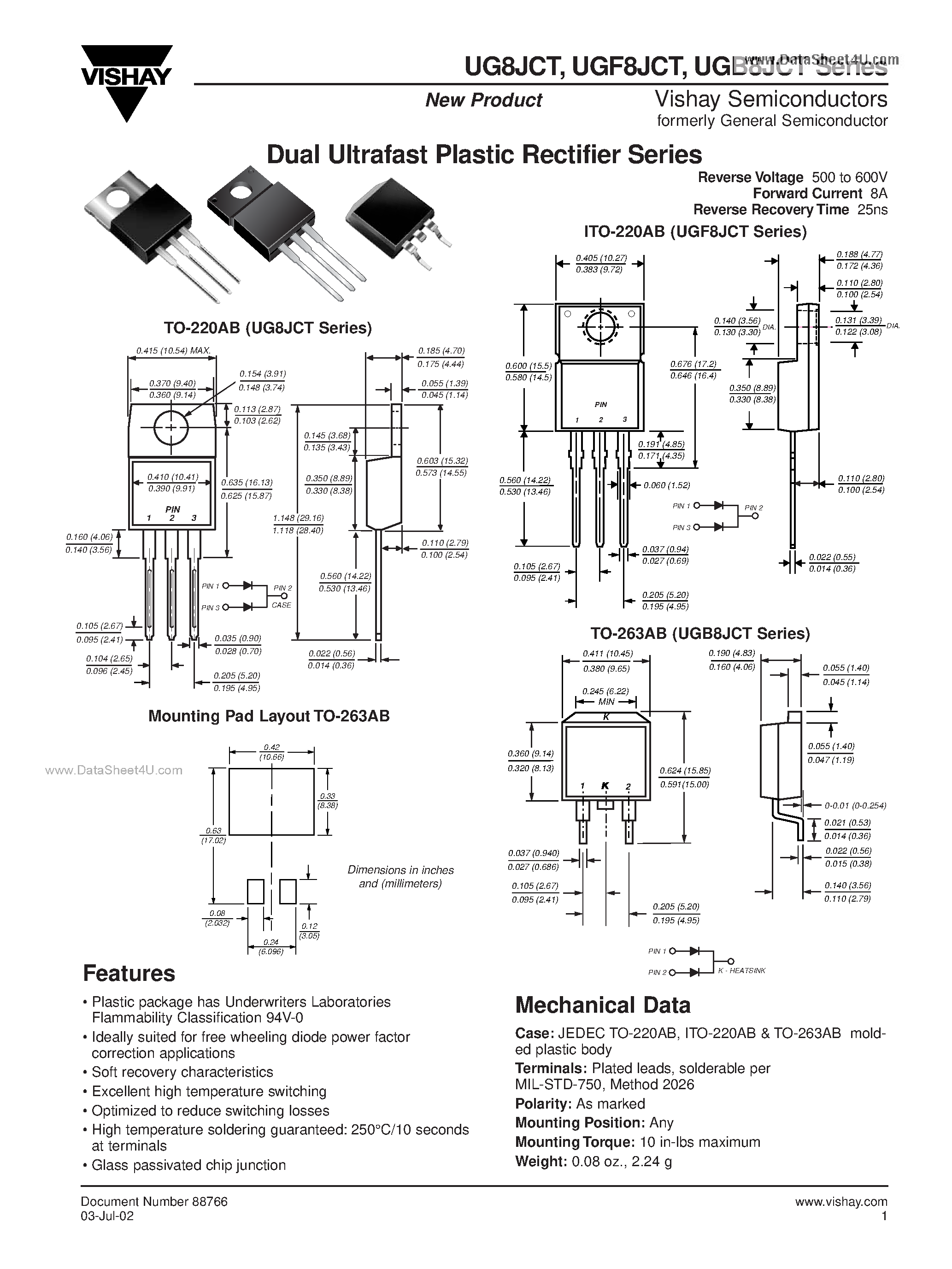 Datasheet UGF8HCT - Dual Ultrafast Plastic Rectifier Series page 1